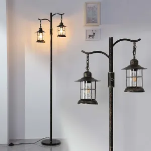 Industrial,Vintage Dimmable Floor Lamp,2 Classical Lanterns Standing Lamp, Rustic Farmhouse Floor Lamp with Bronze Gold Finish, for Living Room Bedroom (Bronze-B-Style)