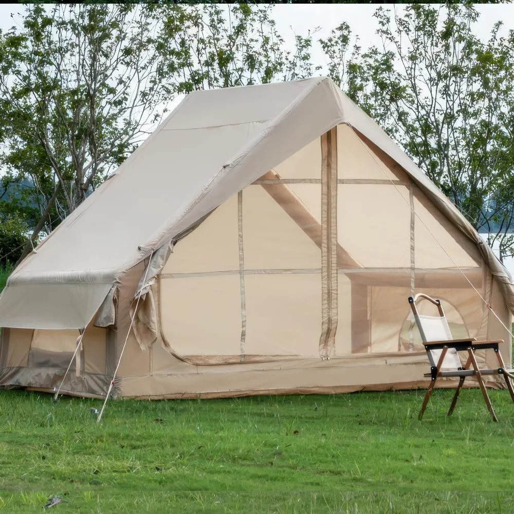 Inflatable Camping Tents with Storage Pocket and Hand Pump, Easy Setup Blow up Tents for Camping, 4-Season Oxford Air Glamping Tent with 12 Mesh Window for Adult 4-6 Person, Khaki