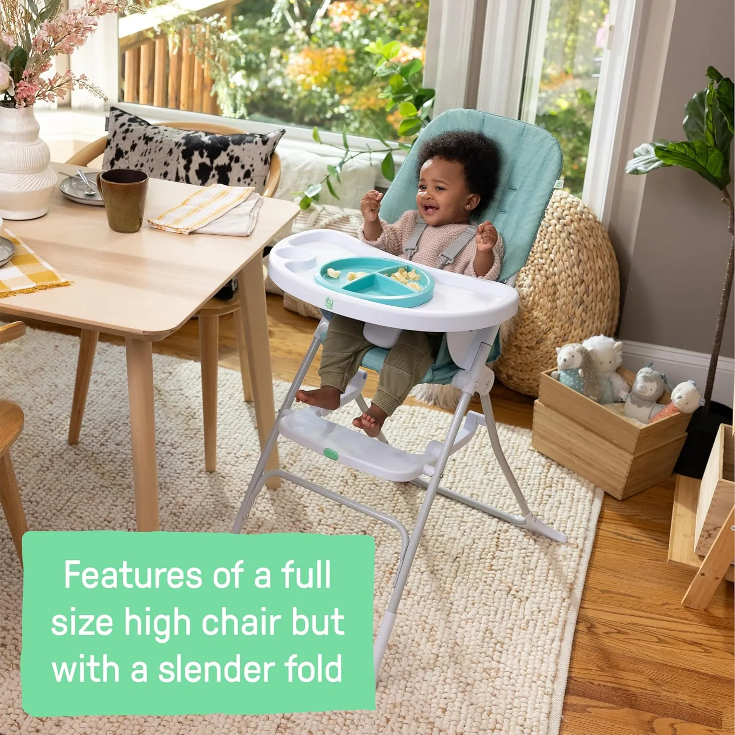 Ingenuity Sun Valley Compact Folding Baby High Chair, Food-Grade Safe Plate, 5-Point Harness, for Ages 6 Months and Up, Unisex - Teal