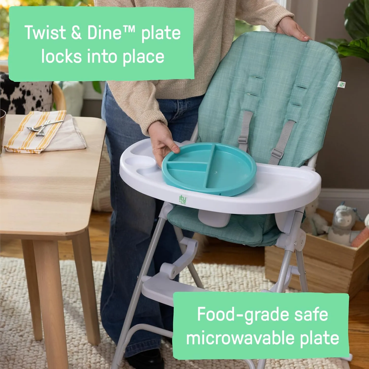 Ingenuity Sun Valley Compact Folding Baby High Chair, Food-Grade Safe Plate, 5-Point Harness, for Ages 6 Months and Up, Unisex - Teal