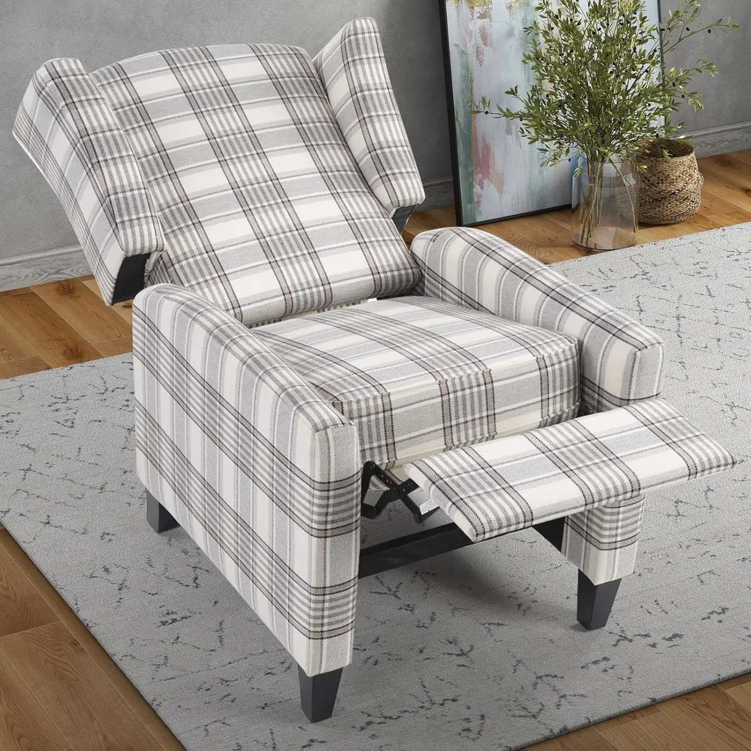 INZOY Wingback Pushback Recliner Chair, Fabric Push Back Recliners with Padded Seat, Mid Century Modern Reclining Chair for Living Room Bedroom, Grey Plaid