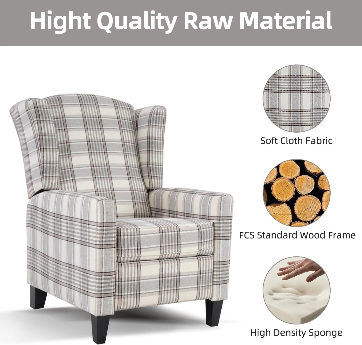 INZOY Wingback Pushback Recliner Chair, Fabric Push Back Recliners with Padded Seat, Mid Century Modern Reclining Chair for Living Room Bedroom, Grey Plaid