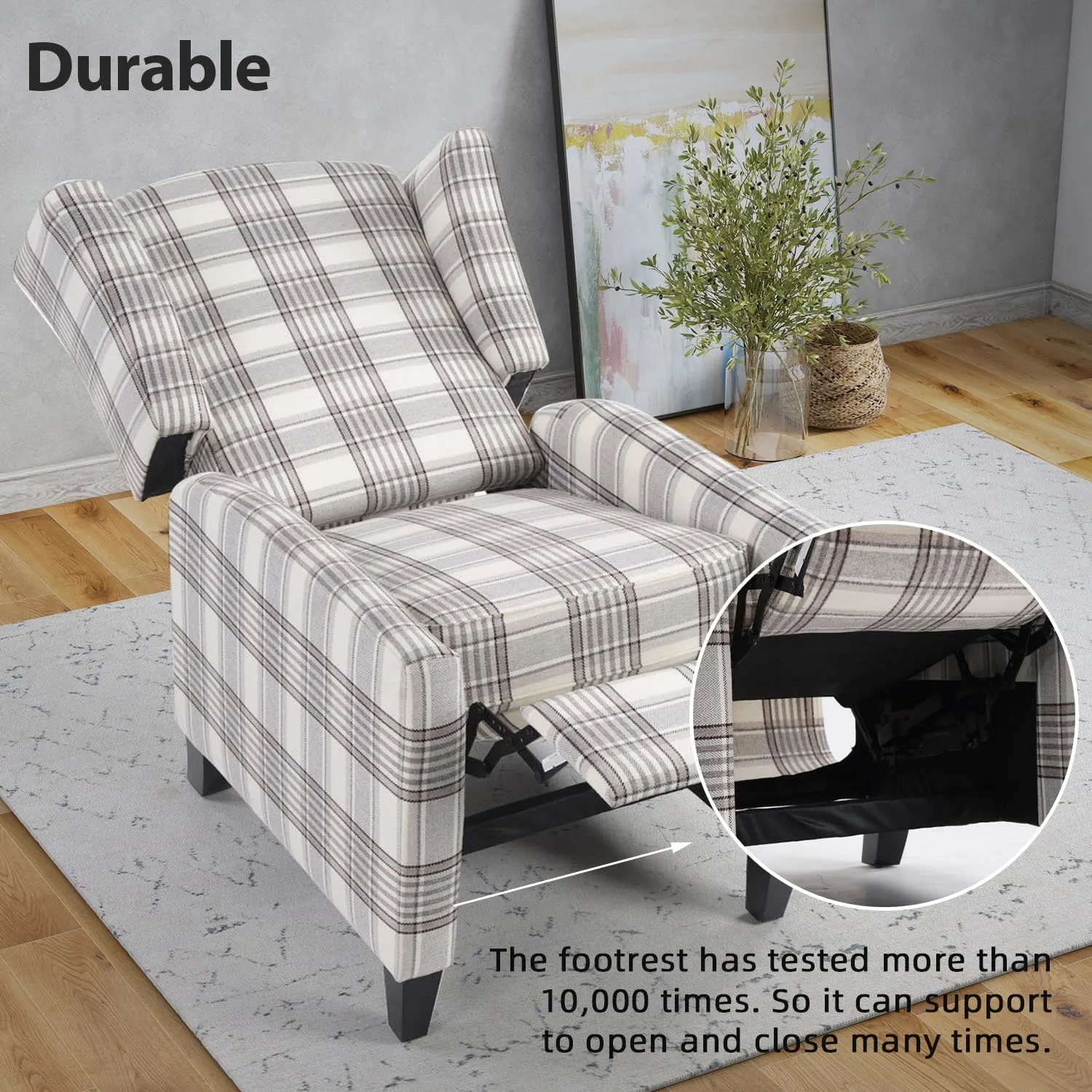 INZOY Wingback Pushback Recliner Chair, Fabric Push Back Recliners with Padded Seat, Mid Century Modern Reclining Chair for Living Room Bedroom, Grey Plaid