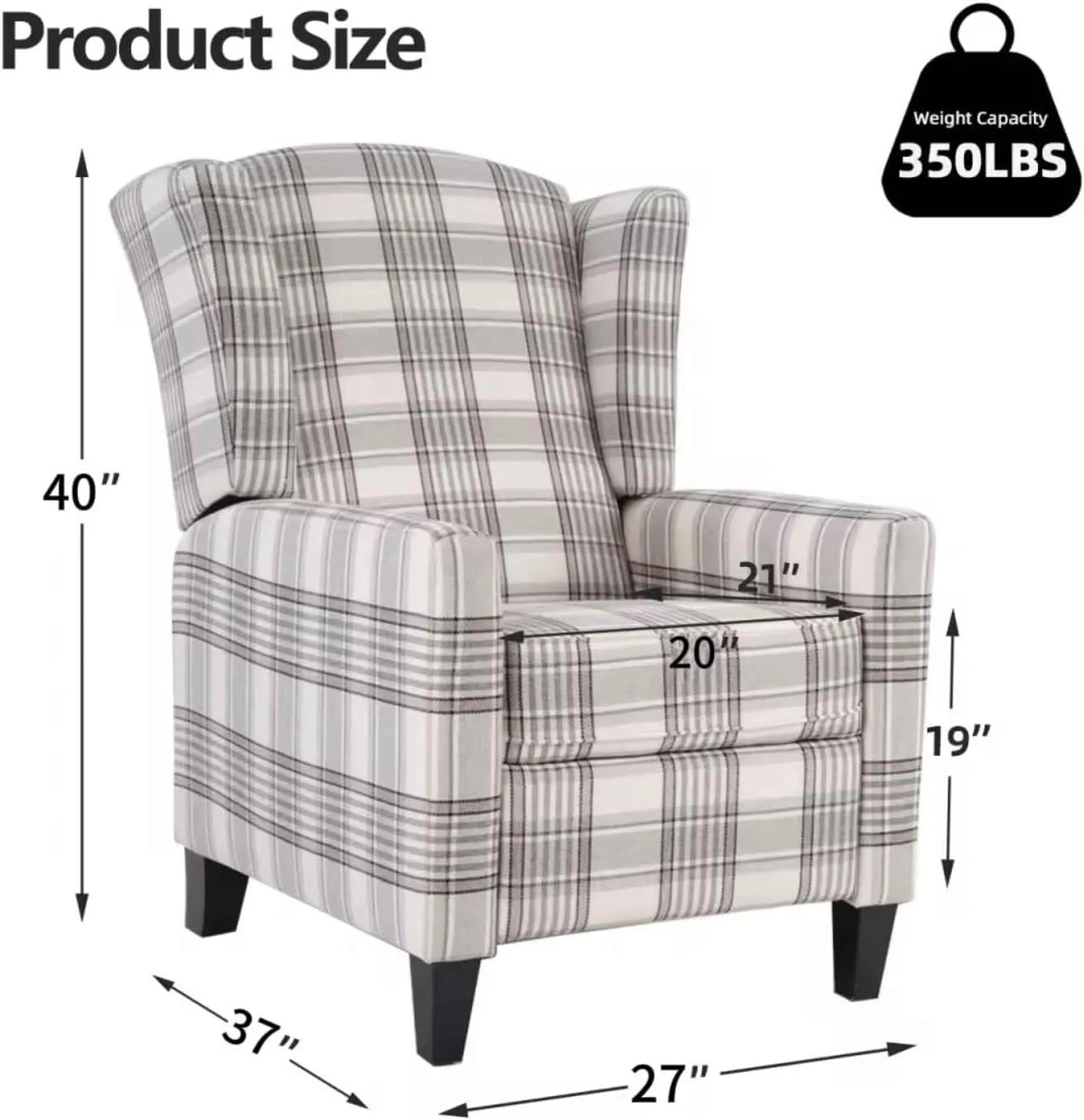 INZOY Wingback Pushback Recliner Chair, Fabric Push Back Recliners with Padded Seat, Mid Century Modern Reclining Chair for Living Room Bedroom, Grey Plaid
