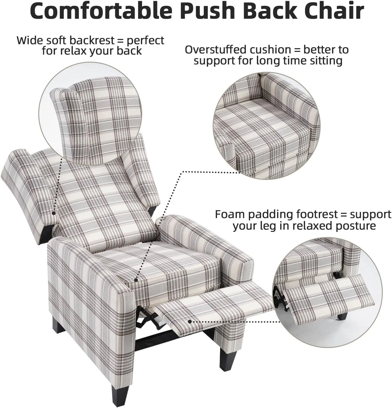 INZOY Wingback Pushback Recliner Chair, Fabric Push Back Recliners with Padded Seat, Mid Century Modern Reclining Chair for Living Room Bedroom, Grey Plaid