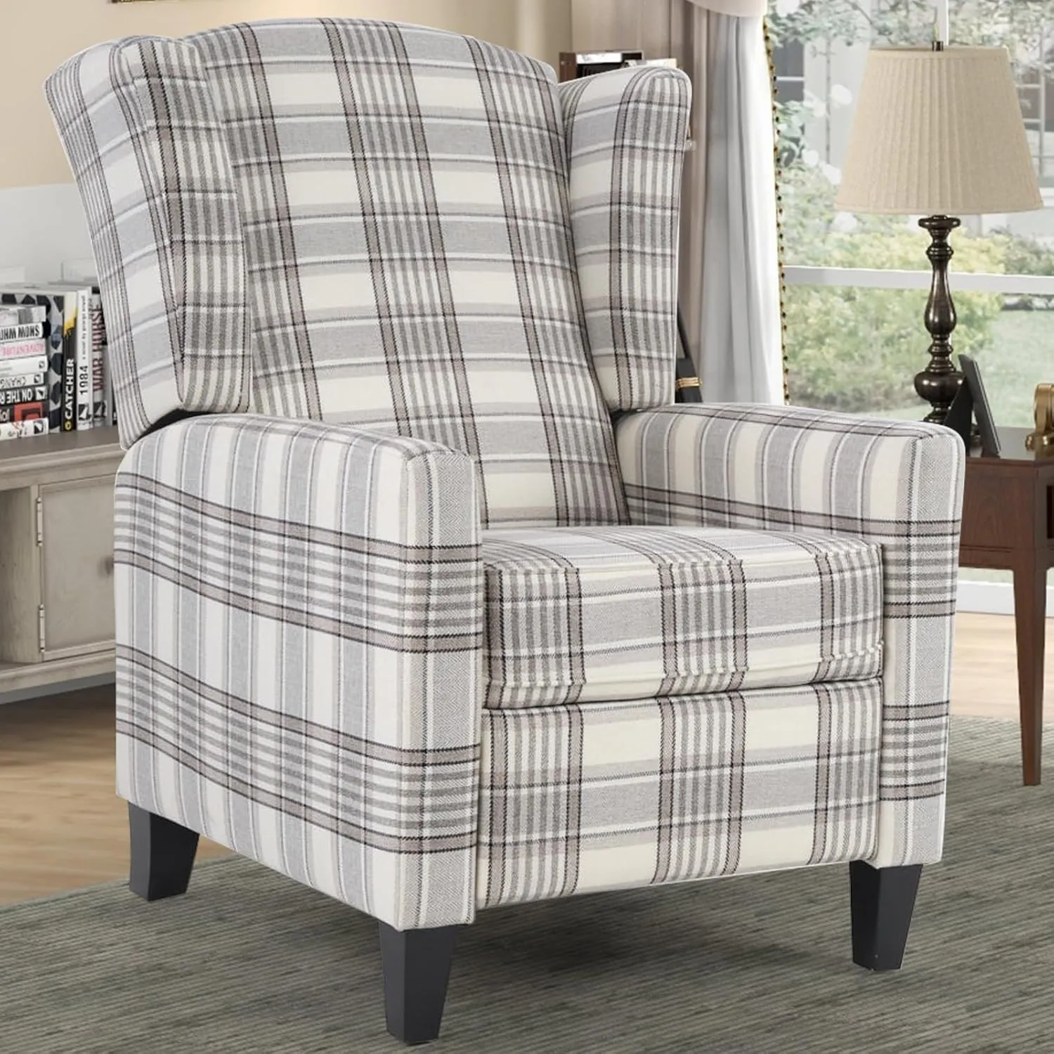 INZOY Wingback Pushback Recliner Chair, Fabric Push Back Recliners with Padded Seat, Mid Century Modern Reclining Chair for Living Room Bedroom, Grey Plaid