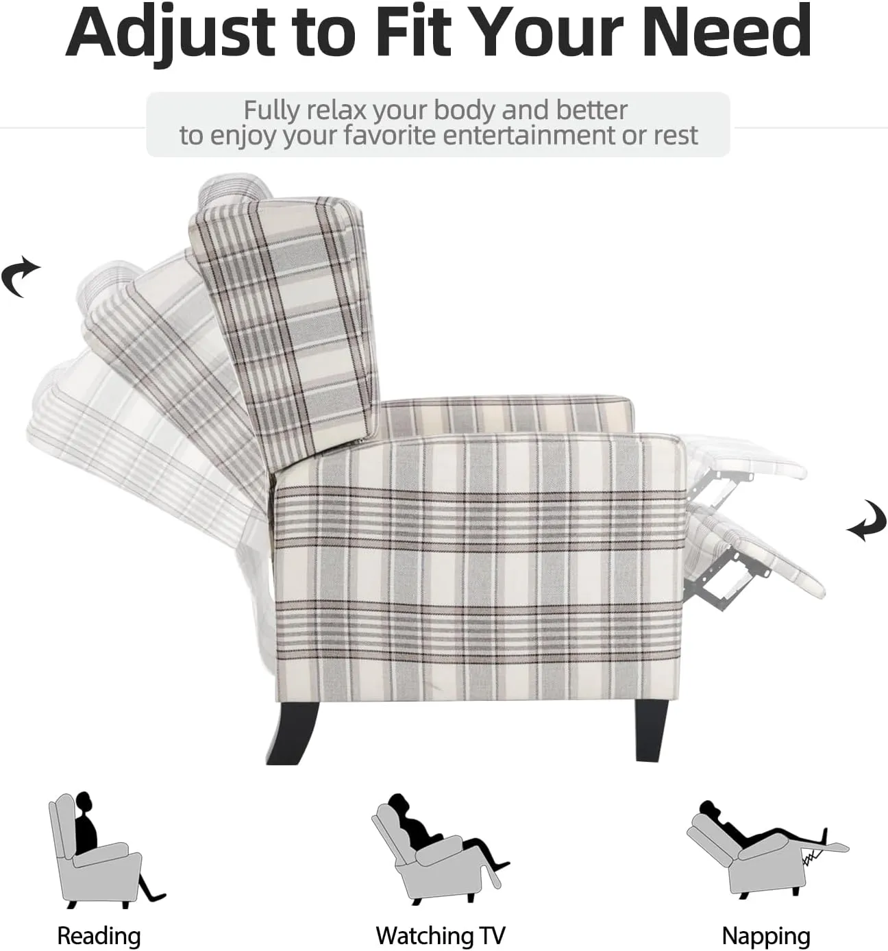 INZOY Wingback Pushback Recliner Chair, Fabric Push Back Recliners with Padded Seat, Mid Century Modern Reclining Chair for Living Room Bedroom, Grey Plaid