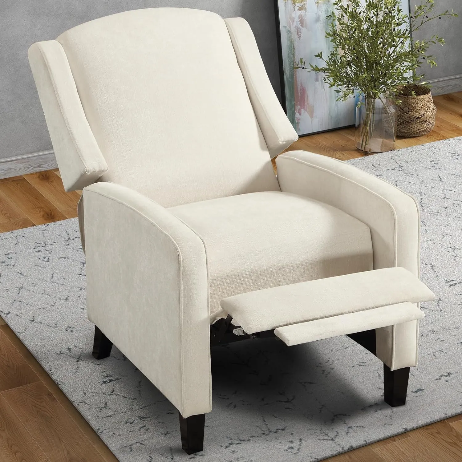 INZOY Wingback Pushback Recliner Chair, Fabric Push Back Recliners with Padded Seat, Mid Century Modern Reclining Chair for Living Room Bedroom, White