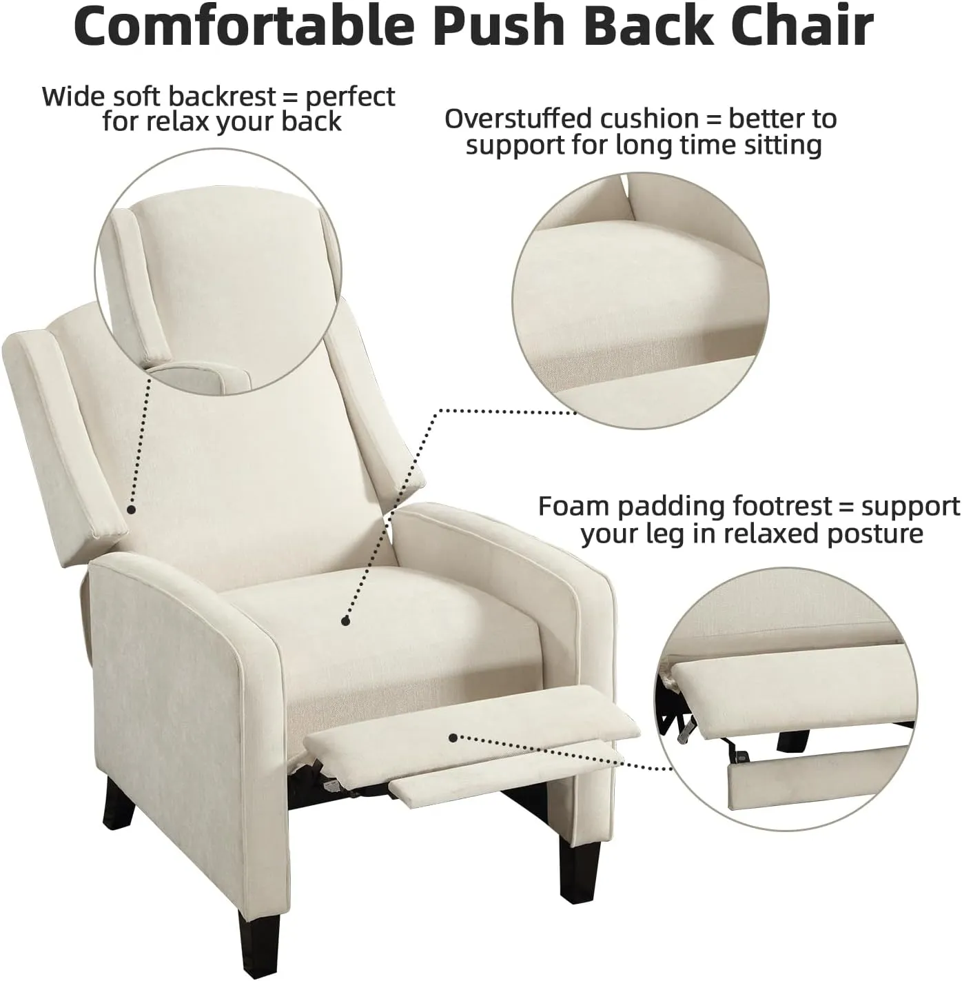 INZOY Wingback Pushback Recliner Chair, Fabric Push Back Recliners with Padded Seat, Mid Century Modern Reclining Chair for Living Room Bedroom, White