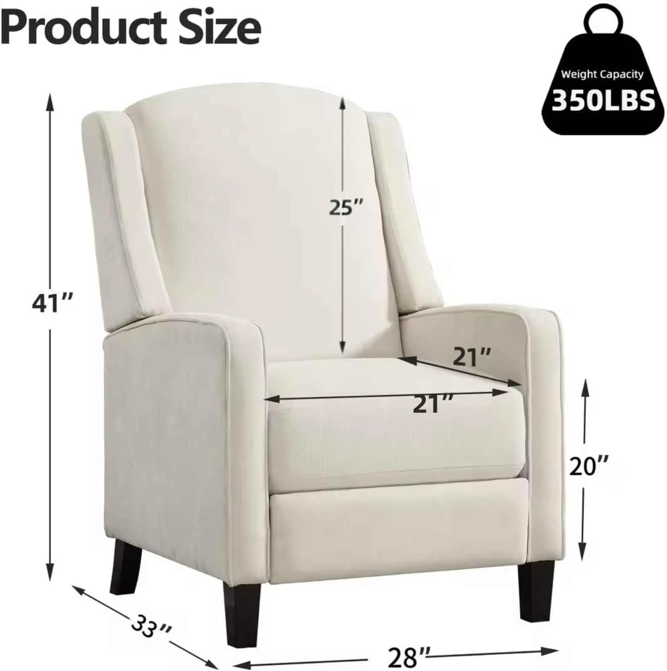 INZOY Wingback Pushback Recliner Chair, Fabric Push Back Recliners with Padded Seat, Mid Century Modern Reclining Chair for Living Room Bedroom, White