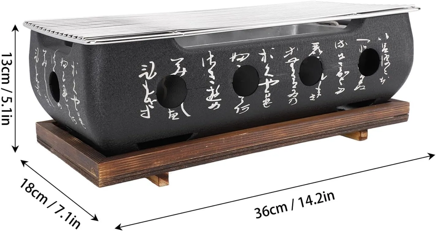 Japanese Style Grill, Portable Japanese BBQ Grill Stove Quick Heating Aluminum Alloy Hibachi Grill Charcoal Stove Yakitori with Wire Mesh and Wooden Base for Camping (XL)