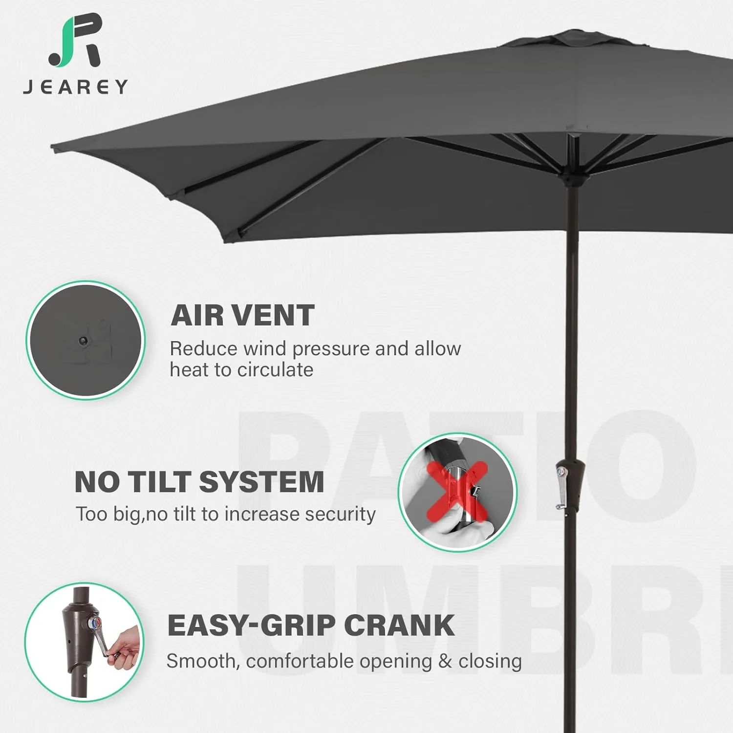 JEAREY 8x10 ft Rectangular Patio Umbrellas Outdoor Table Market Umbrella w/Crank, 8 Sturdy Ribs, UV Protection Waterproof Sunproof for Garden, Deck, Backyard, Pool(Gray)
