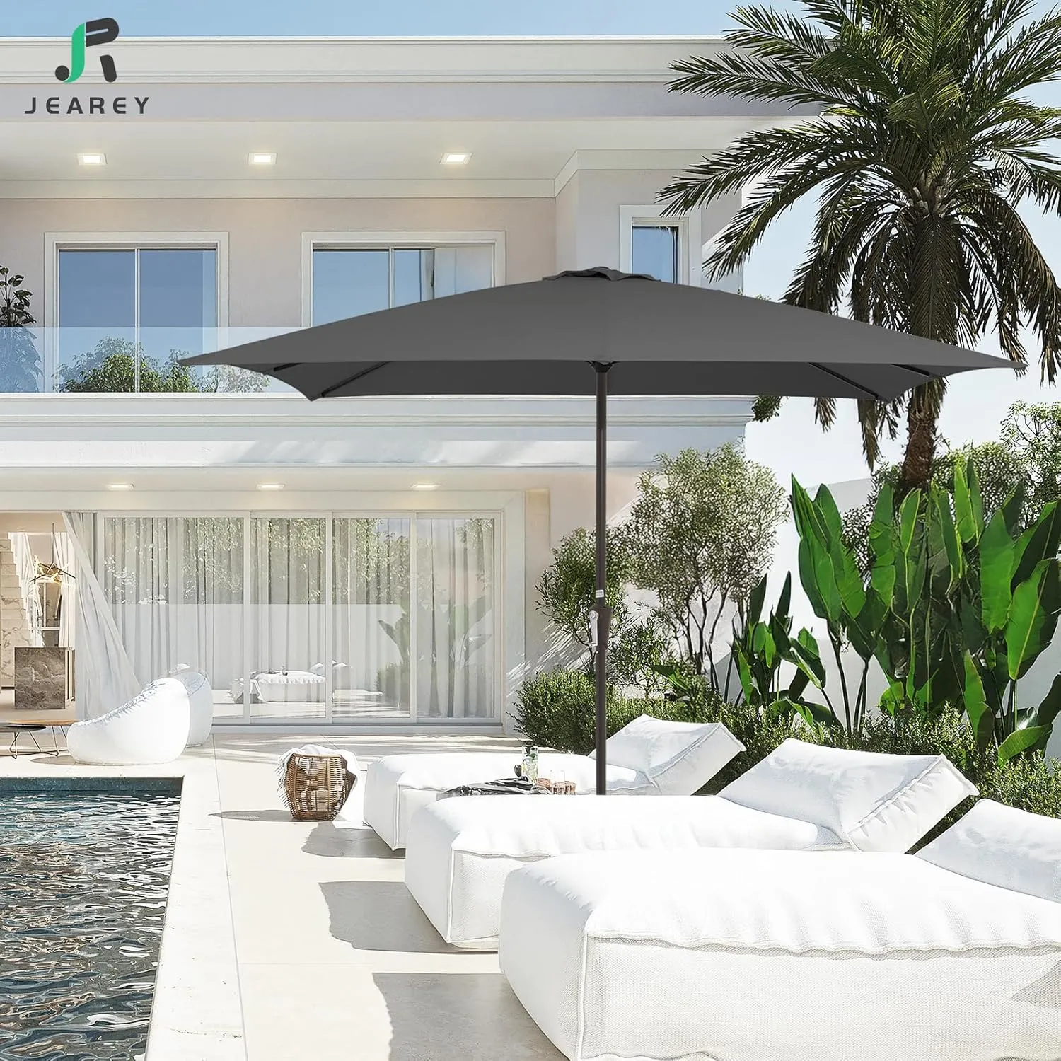 JEAREY 8x10 ft Rectangular Patio Umbrellas Outdoor Table Market Umbrella w/Crank, 8 Sturdy Ribs, UV Protection Waterproof Sunproof for Garden, Deck, Backyard, Pool(Gray)