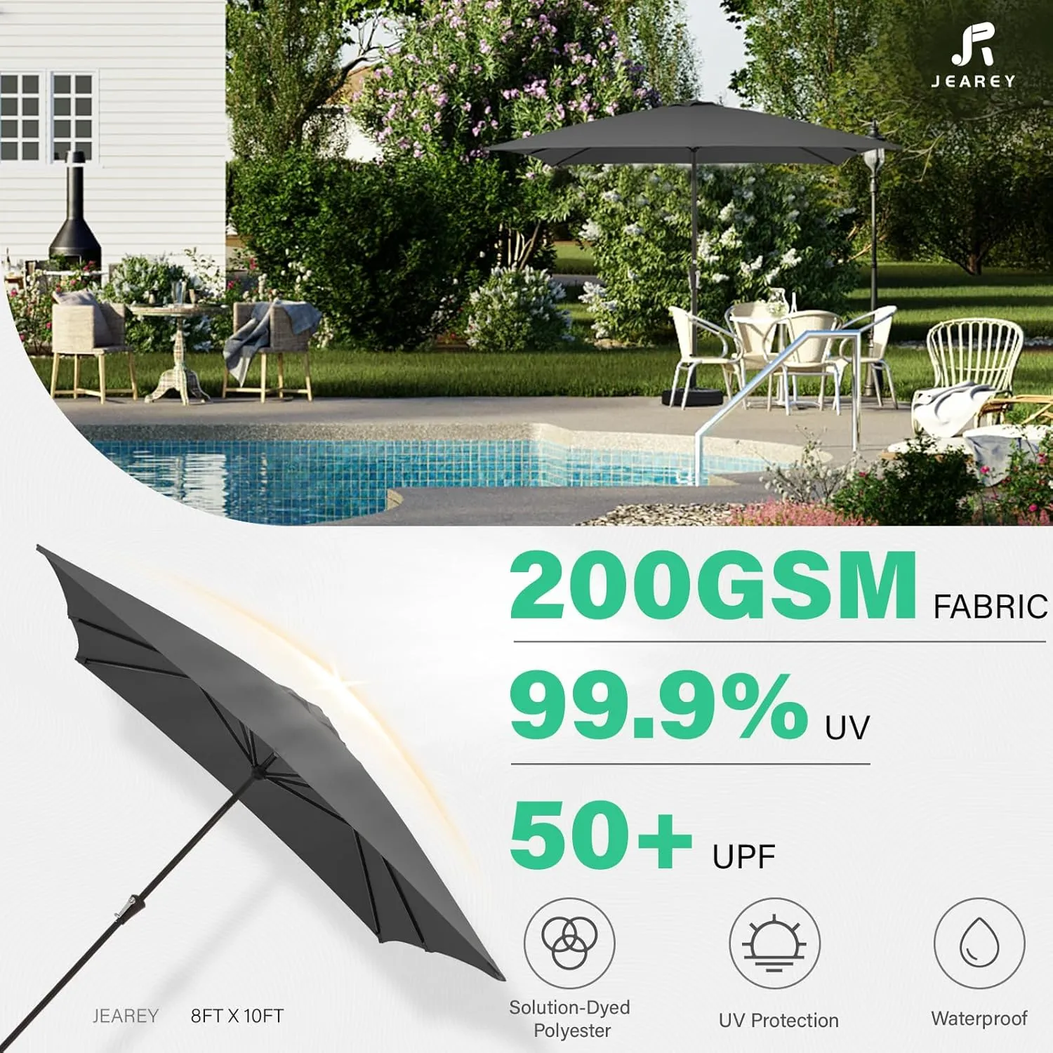 JEAREY 8x10 ft Rectangular Patio Umbrellas Outdoor Table Market Umbrella w/Crank, 8 Sturdy Ribs, UV Protection Waterproof Sunproof for Garden, Deck, Backyard, Pool(Gray)