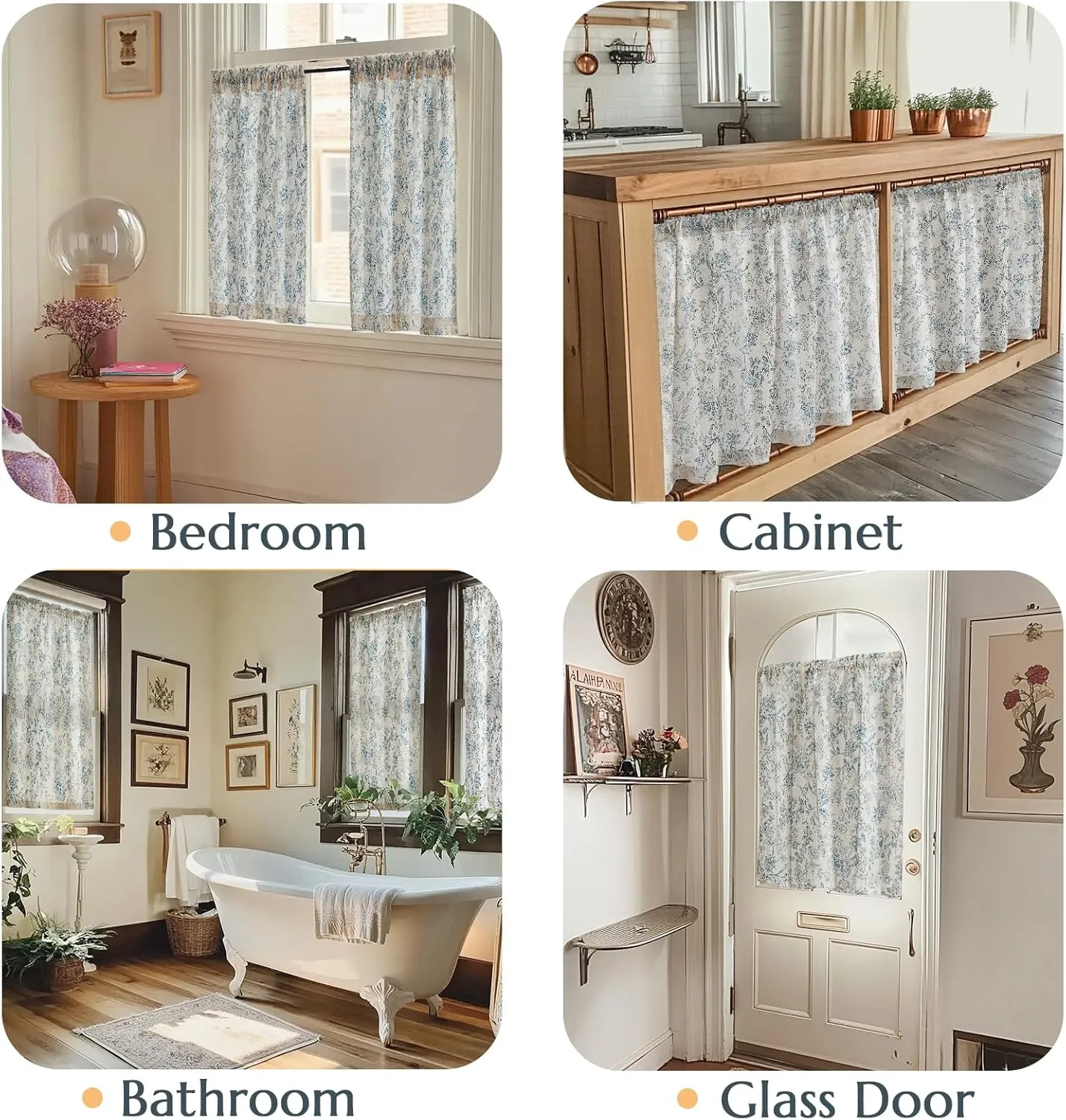jinchan Floral Kitchen Curtains for Windows 36 Inch Linen Tier Farmhouse Cafe Curtains Country Botanic Small Window Rod Pocket Rustic Flax for Laundry Bathroom RV 2 Panels Blue on Beige