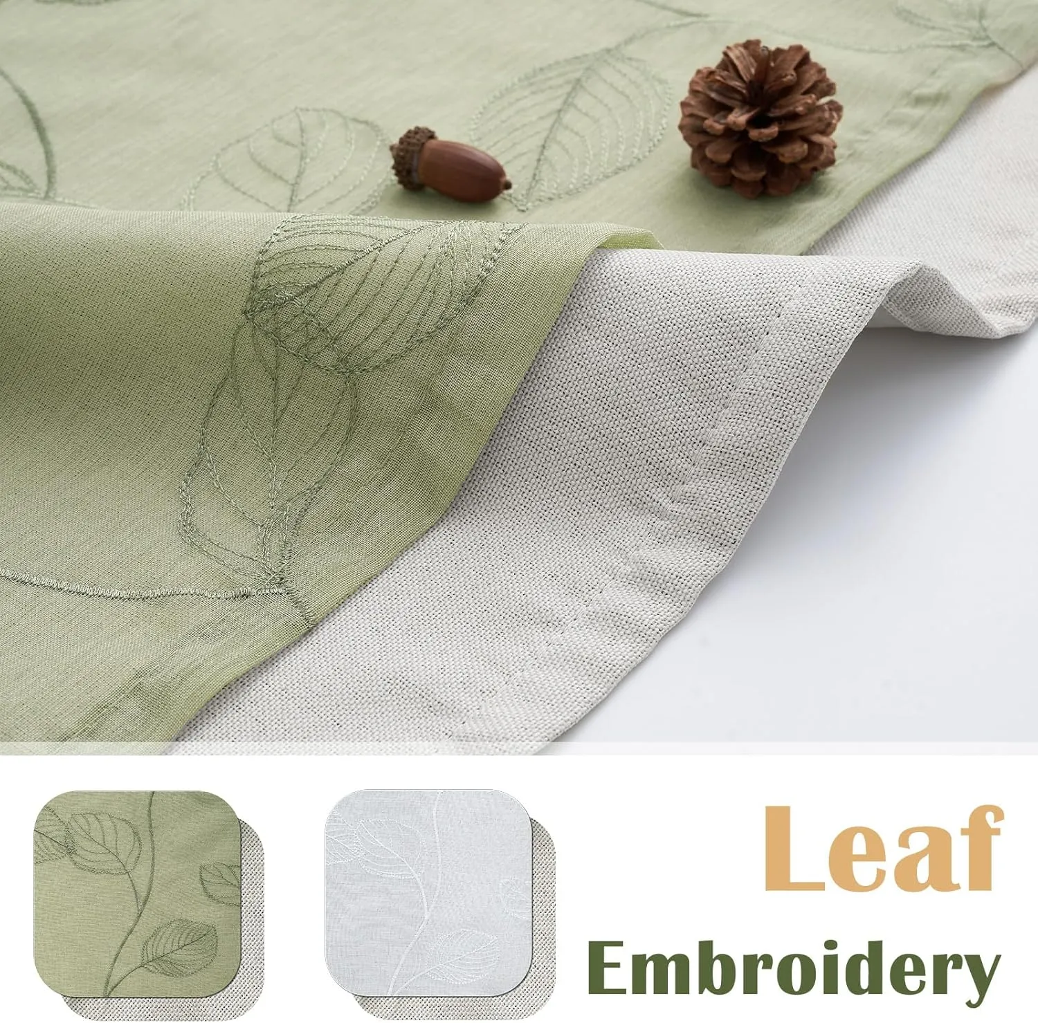 JINCHAN Green Leaf Embroidered Valance Curtain for Window Farmhouse Voile Double Layer Valance for Kitchen Living Room Botanic Rustic Country Window Treatment 18 Inch Room Darkening Rod Pocket 1 Panel