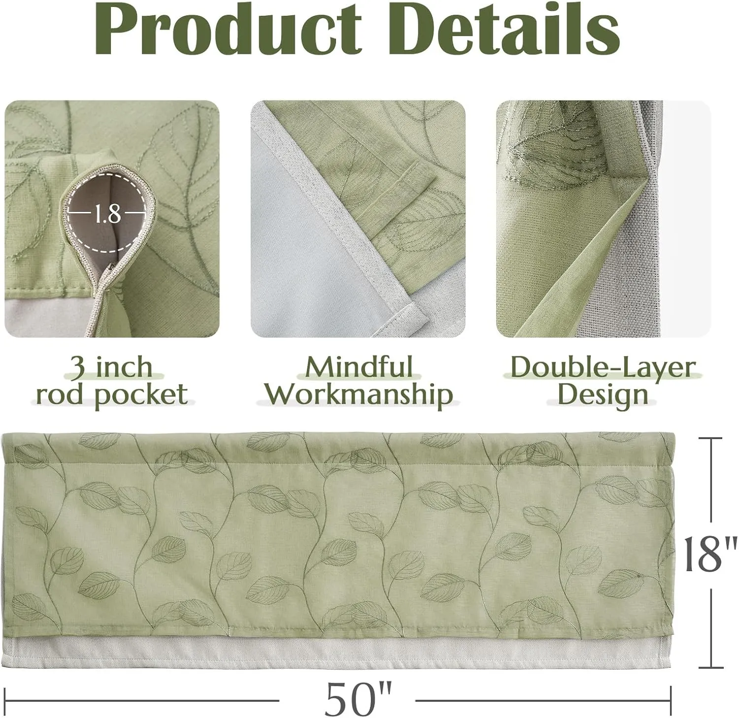JINCHAN Green Leaf Embroidered Valance Curtain for Window Farmhouse Voile Double Layer Valance for Kitchen Living Room Botanic Rustic Country Window Treatment 18 Inch Room Darkening Rod Pocket 1 Panel