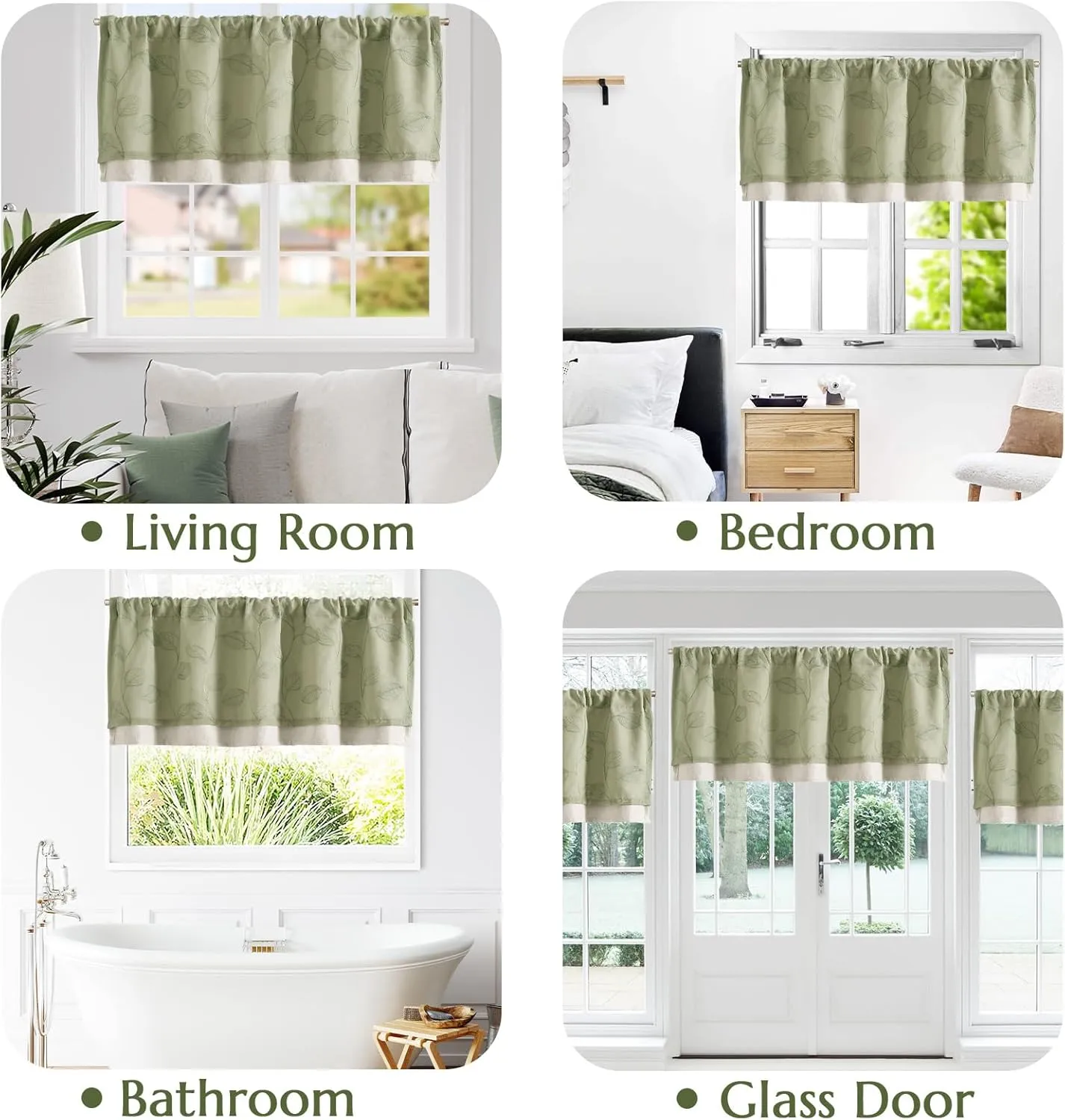 JINCHAN Green Leaf Embroidered Valance Curtain for Window Farmhouse Voile Double Layer Valance for Kitchen Living Room Botanic Rustic Country Window Treatment 18 Inch Room Darkening Rod Pocket 1 Panel