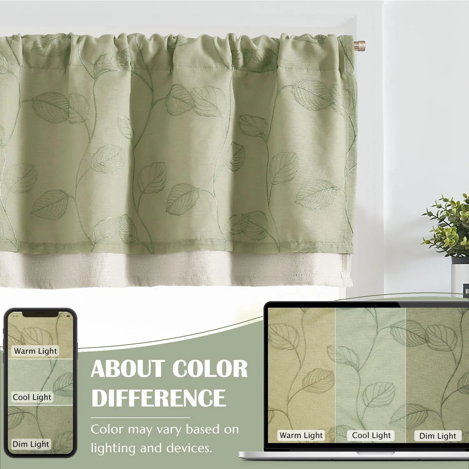 JINCHAN Green Leaf Embroidered Valance Curtain for Window Farmhouse Voile Double Layer Valance for Kitchen Living Room Botanic Rustic Country Window Treatment 18 Inch Room Darkening Rod Pocket 1 Panel