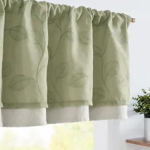 JINCHAN Green Leaf Embroidered Valance Curtain for Window Farmhouse Voile Double Layer Valance for Kitchen Living Room Botanic Rustic Country Window Treatment 18 Inch Room Darkening Rod Pocket 1 Panel