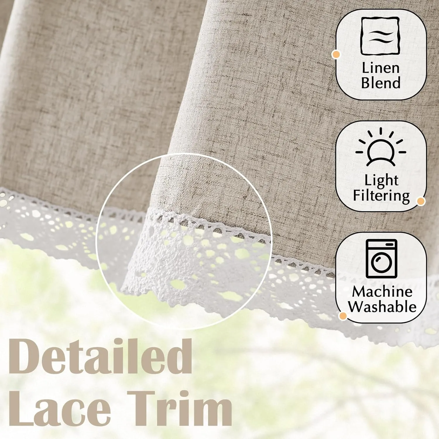 jinchan Linen Valance with Lace Trim Farmhouse Rustic Valance Curtain for Window 18 Inch Small Window Treatment for Living Room Dining Room Semi Sheer Light Filtering Rod Pocket 1 Panel Taupe