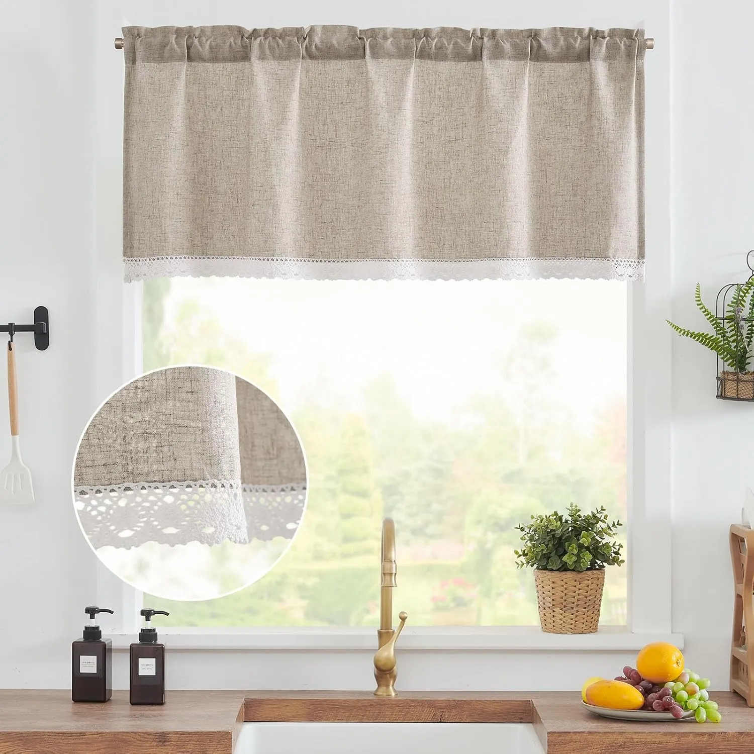 jinchan Linen Valance with Lace Trim Farmhouse Rustic Valance Curtain for Window 18 Inch Small Window Treatment for Living Room Dining Room Semi Sheer Light Filtering Rod Pocket 1 Panel Taupe