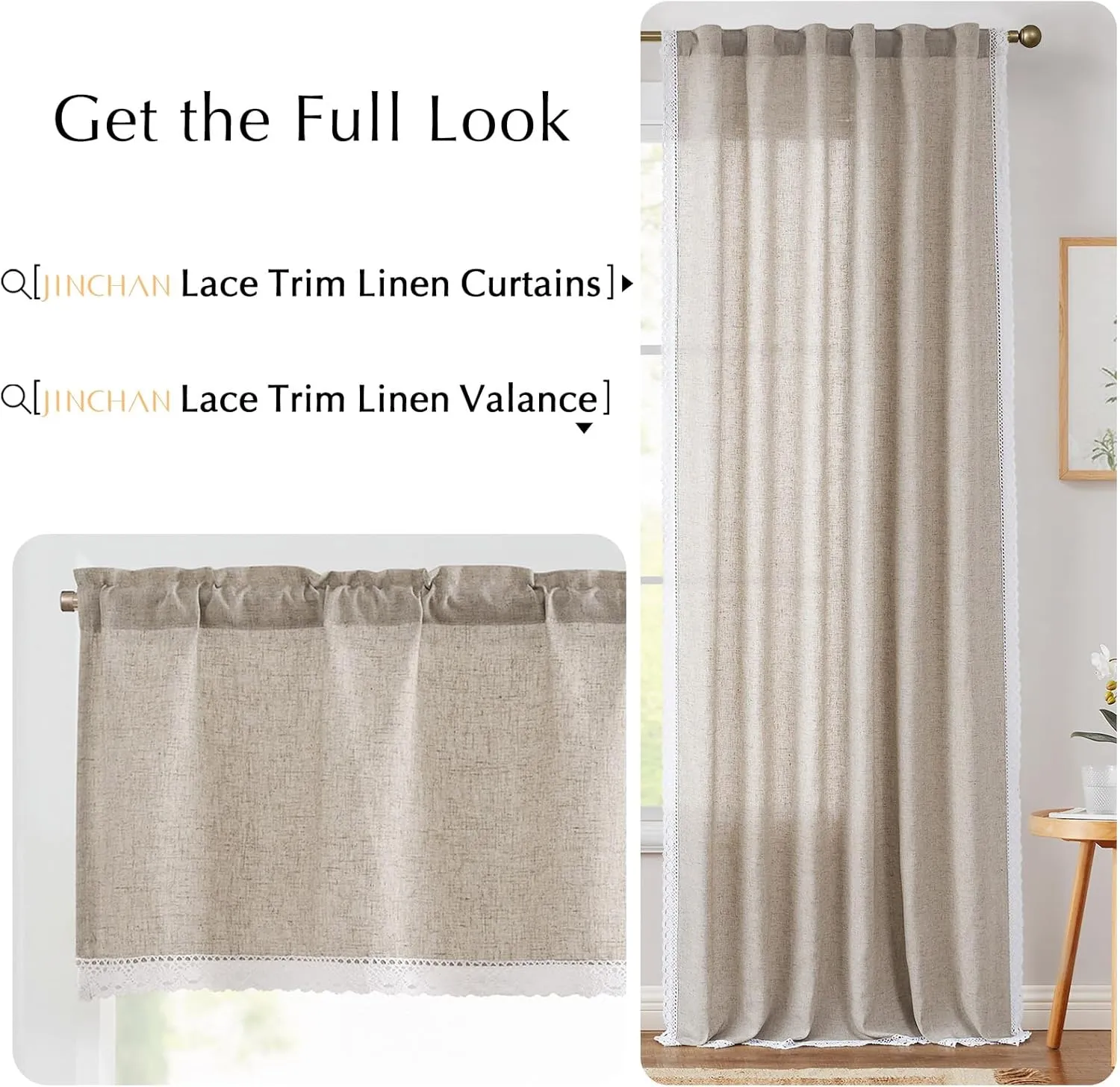 jinchan Linen Valance with Lace Trim Farmhouse Rustic Valance Curtain for Window 18 Inch Small Window Treatment for Living Room Dining Room Semi Sheer Light Filtering Rod Pocket 1 Panel Taupe