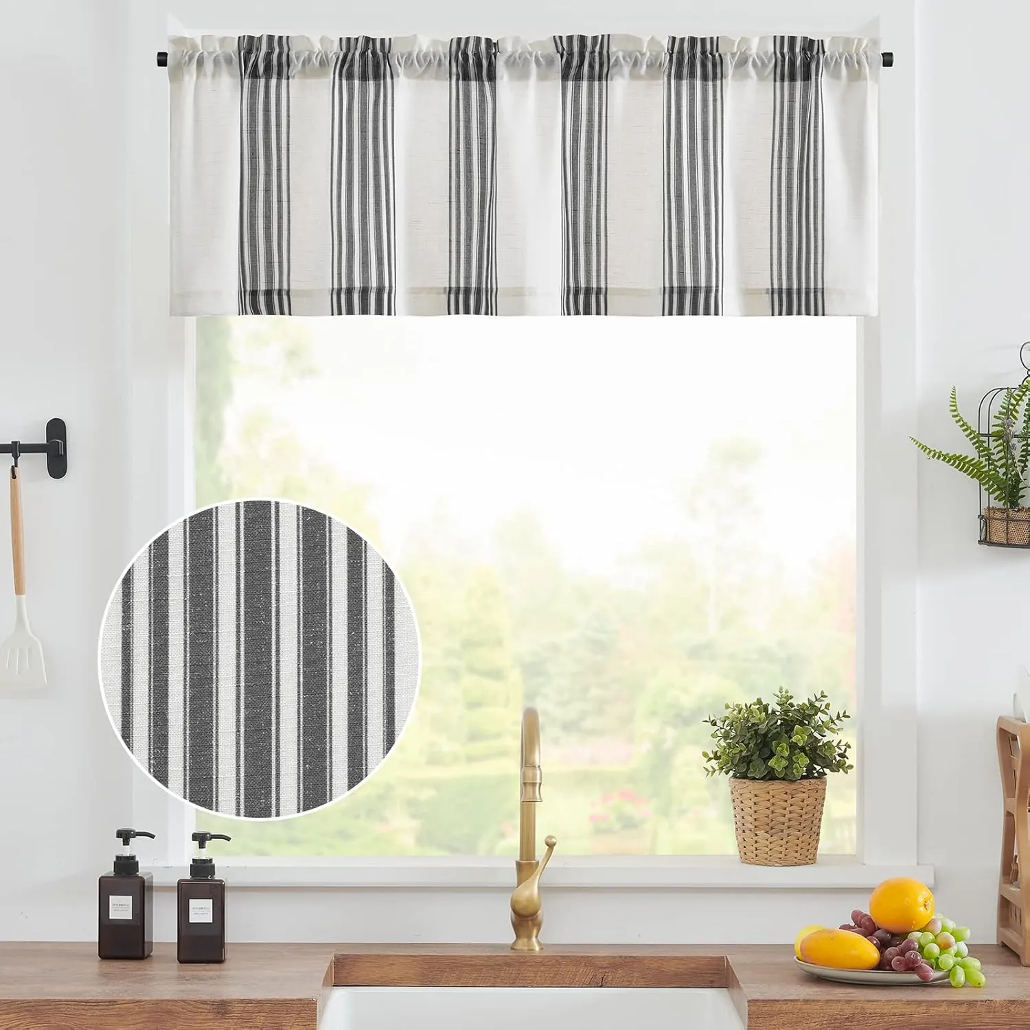 jinchan Striped Linen Valance Curtain 16 Inch Vertical Striped Valance for Kitchen Bathroom Light Filtering Window Treatment Rod Pocket Farmhouse Rustic Semi Sheer Short Window Curtain 1 Panel Black