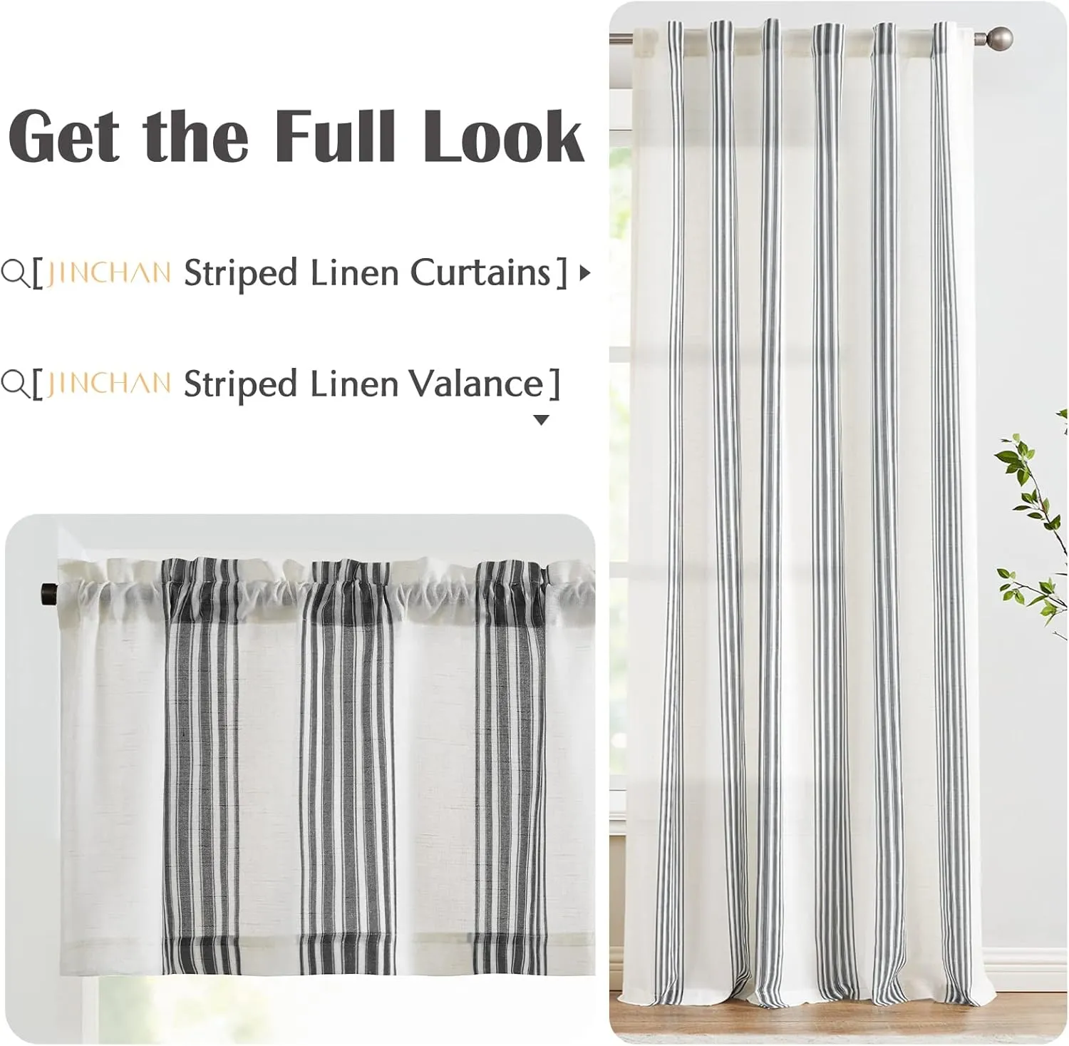 jinchan Striped Linen Valance Curtain 16 Inch Vertical Striped Valance for Kitchen Bathroom Light Filtering Window Treatment Rod Pocket Farmhouse Rustic Semi Sheer Short Window Curtain 1 Panel Black