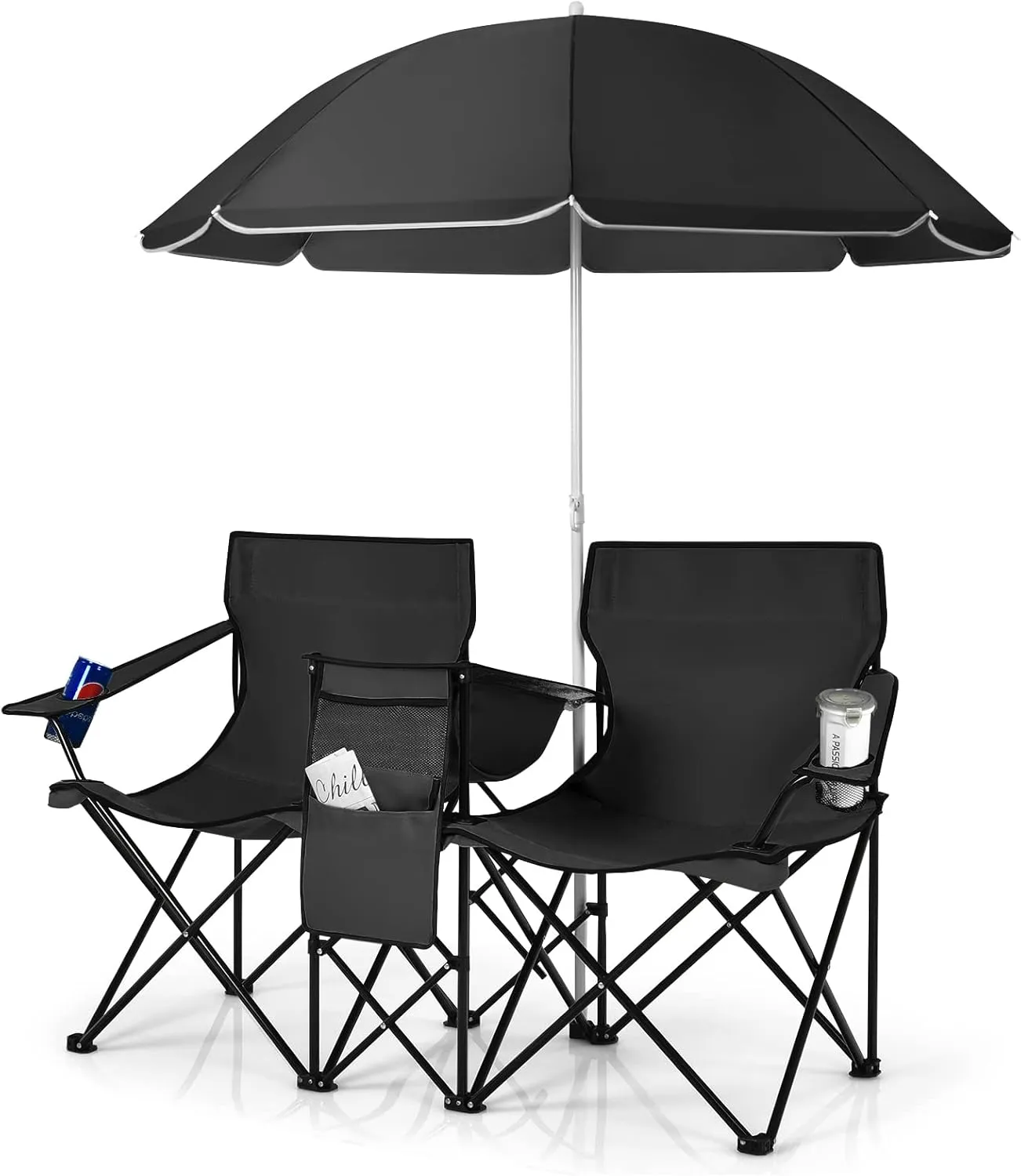 Julimoon Double Folding Camping Chairs w/Removable Umbrella, Portable Picnic Loveseat w/Mini Table, Cup Holder & Carrying Bag, 2-Person Picnic Chairs for Patio, Beach, Picnic, Outdoor (Black)