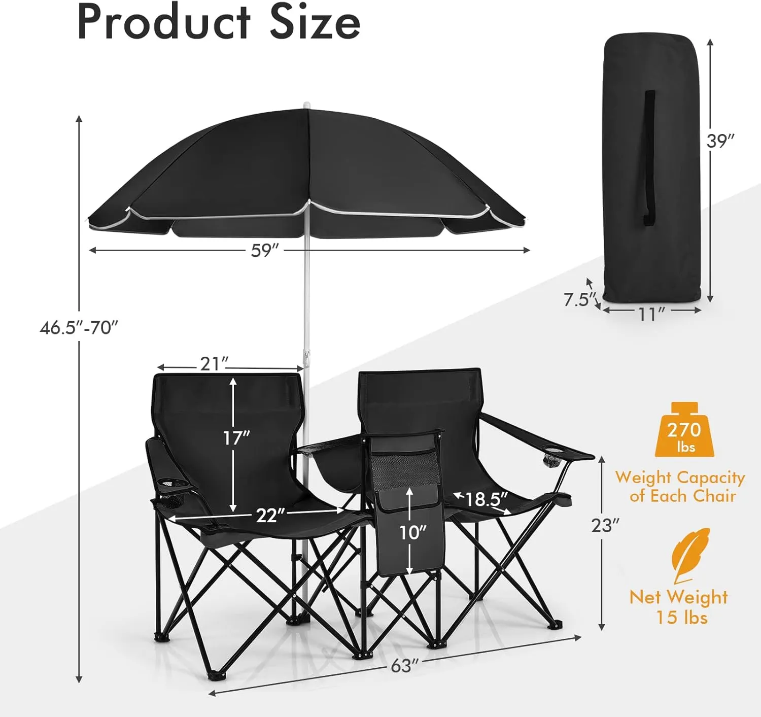 Julimoon Double Folding Camping Chairs w/Removable Umbrella, Portable Picnic Loveseat w/Mini Table, Cup Holder & Carrying Bag, 2-Person Picnic Chairs for Patio, Beach, Picnic, Outdoor (Black)