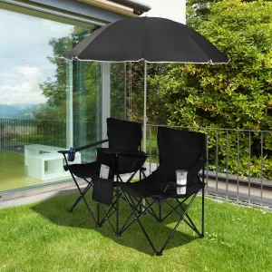 Julimoon Double Folding Camping Chairs w/Removable Umbrella, Portable Picnic Loveseat w/Mini Table, Cup Holder & Carrying Bag, 2-Person Picnic Chairs for Patio, Beach, Picnic, Outdoor (Black)