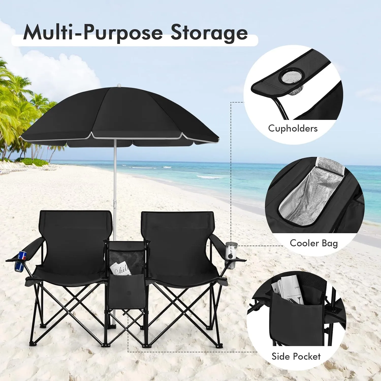 Julimoon Double Folding Camping Chairs w/Removable Umbrella, Portable Picnic Loveseat w/Mini Table, Cup Holder & Carrying Bag, 2-Person Picnic Chairs for Patio, Beach, Picnic, Outdoor (Black)
