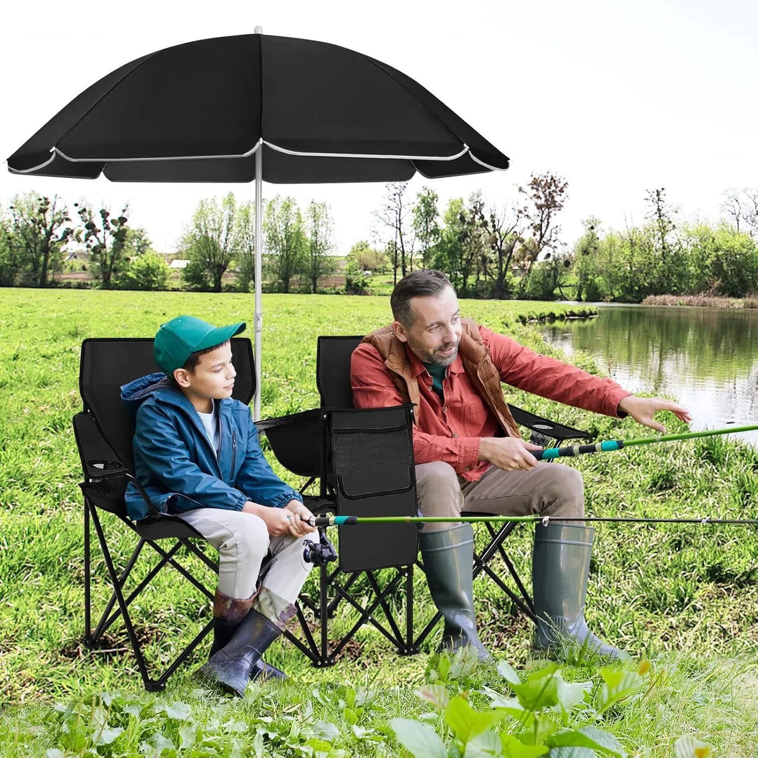 Julimoon Double Folding Camping Chairs w/Removable Umbrella, Portable Picnic Loveseat w/Mini Table, Cup Holder & Carrying Bag, 2-Person Picnic Chairs for Patio, Beach, Picnic, Outdoor (Black)