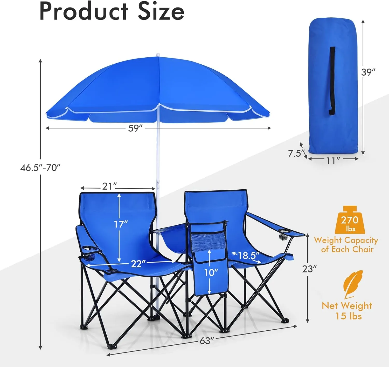 Julimoon Double Folding Camping Chairs w/Removable Umbrella, Portable Picnic Loveseat w/Mini Table, Cup Holder & Carrying Bag, 2-Person Picnic Chairs for Patio, Beach, Picnic, Outdoor (Blue)