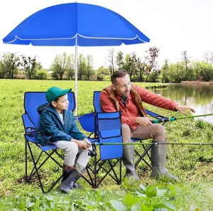 Julimoon Double Folding Camping Chairs w/Removable Umbrella, Portable Picnic Loveseat w/Mini Table, Cup Holder & Carrying Bag, 2-Person Picnic Chairs for Patio, Beach, Picnic, Outdoor (Blue)
