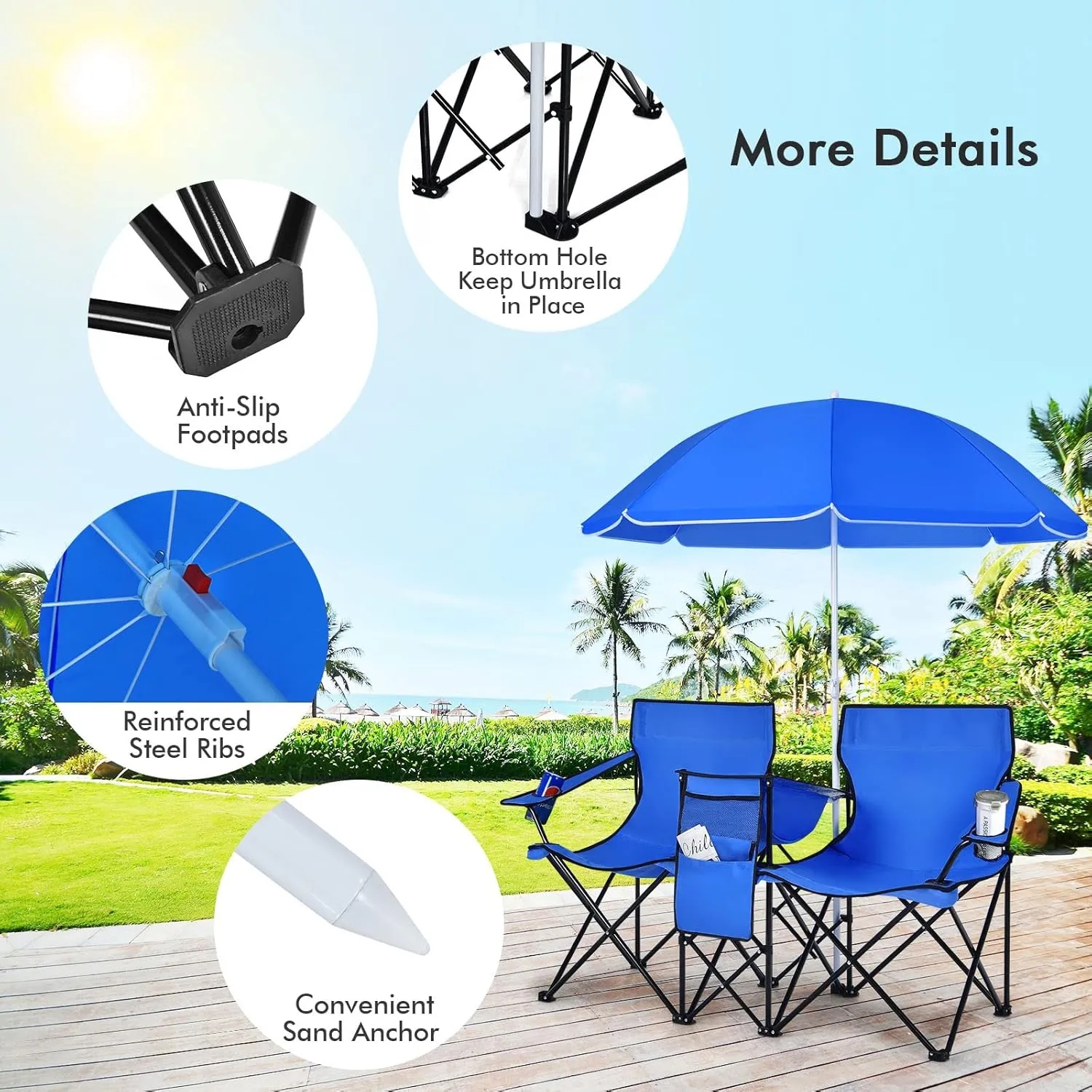 Julimoon Double Folding Camping Chairs w/Removable Umbrella, Portable Picnic Loveseat w/Mini Table, Cup Holder & Carrying Bag, 2-Person Picnic Chairs for Patio, Beach, Picnic, Outdoor (Blue)