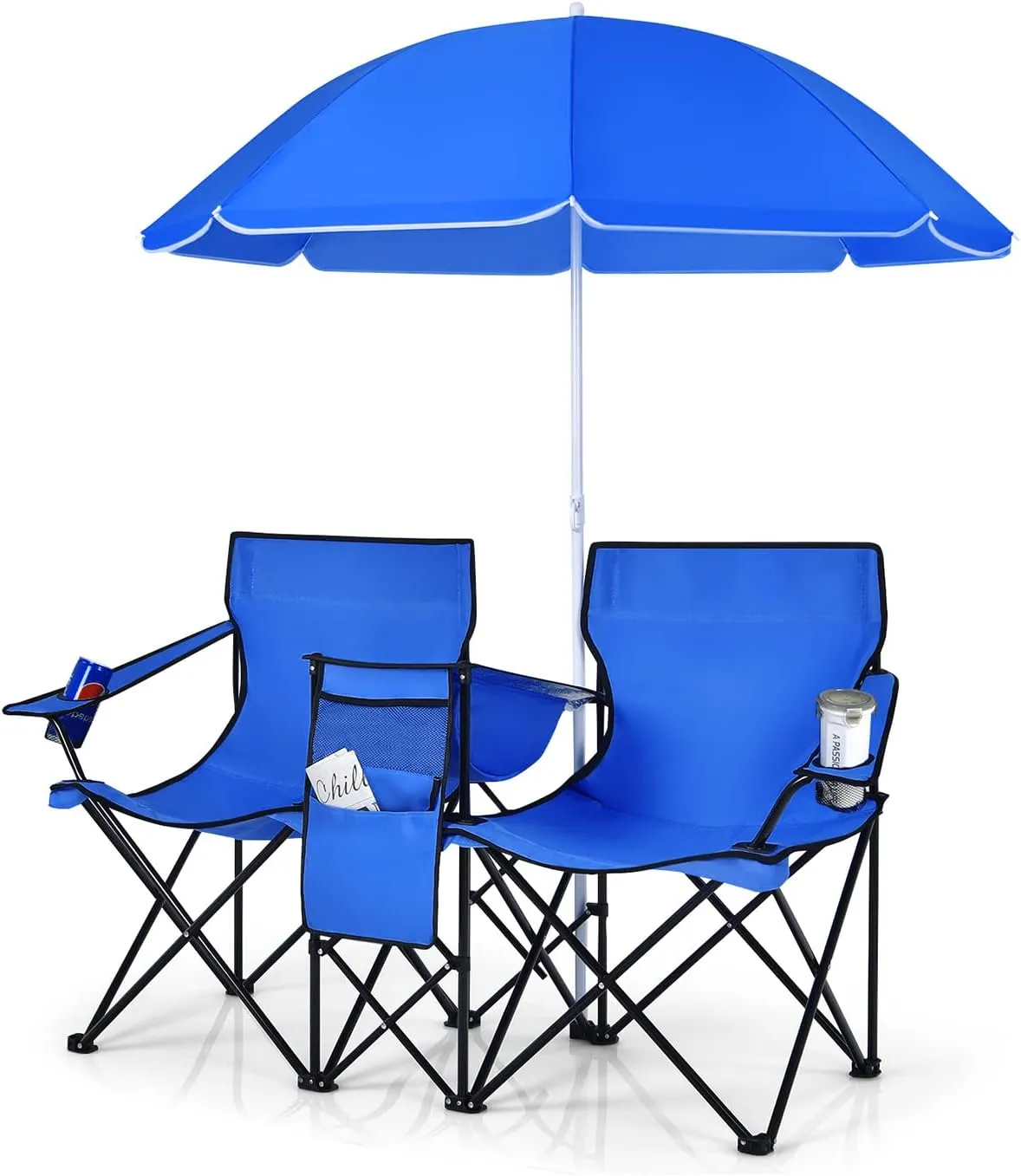 Julimoon Double Folding Camping Chairs w/Removable Umbrella, Portable Picnic Loveseat w/Mini Table, Cup Holder & Carrying Bag, 2-Person Picnic Chairs for Patio, Beach, Picnic, Outdoor (Blue)