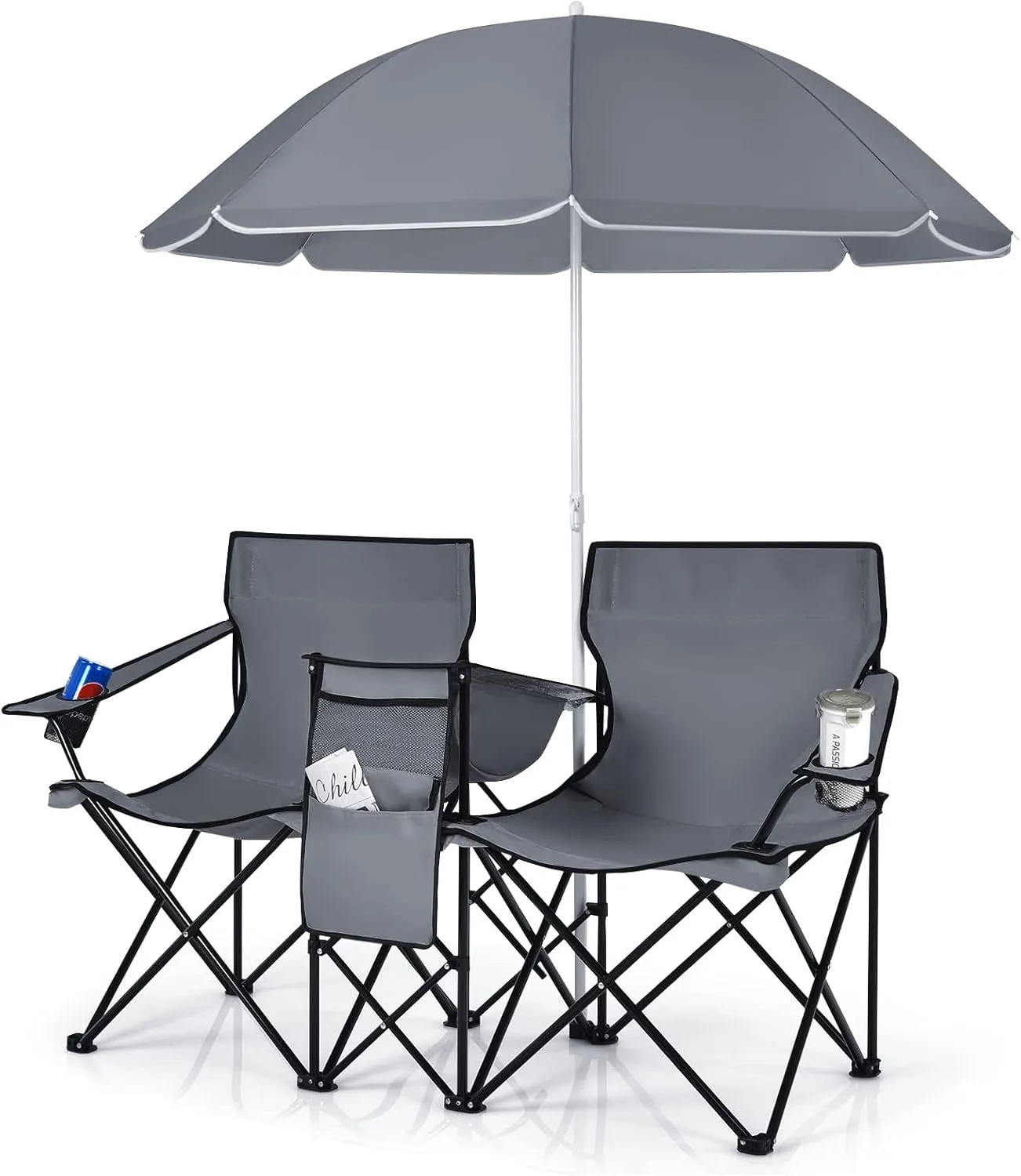 Julimoon Double Folding Camping Chairs w/Removable Umbrella, Portable Picnic Loveseat w/Mini Table, Cup Holder & Carrying Bag, 2-Person Picnic Chairs for Patio, Beach, Picnic, Outdoor (Grey)