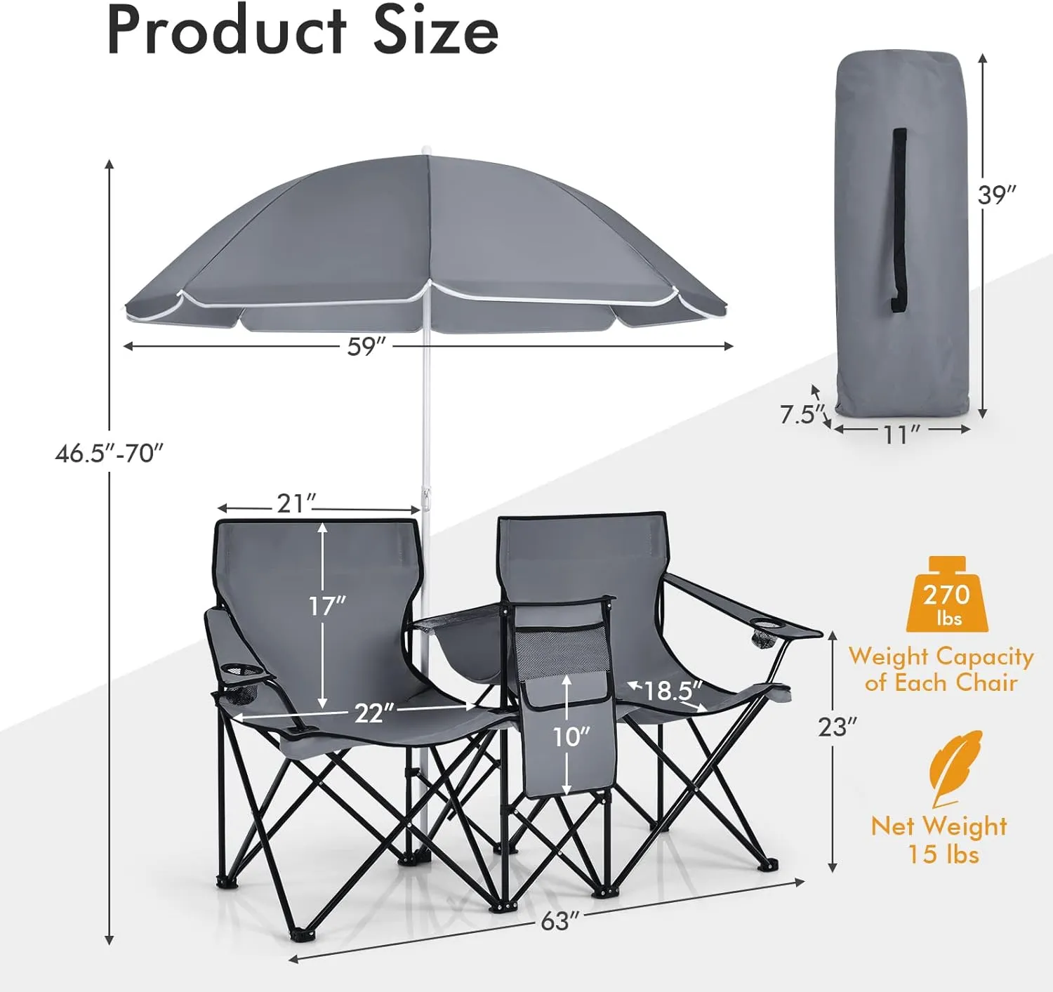 Julimoon Double Folding Camping Chairs w/Removable Umbrella, Portable Picnic Loveseat w/Mini Table, Cup Holder & Carrying Bag, 2-Person Picnic Chairs for Patio, Beach, Picnic, Outdoor (Grey)