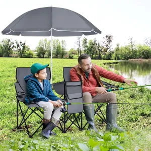Julimoon Double Folding Camping Chairs w/Removable Umbrella, Portable Picnic Loveseat w/Mini Table, Cup Holder & Carrying Bag, 2-Person Picnic Chairs for Patio, Beach, Picnic, Outdoor (Grey)