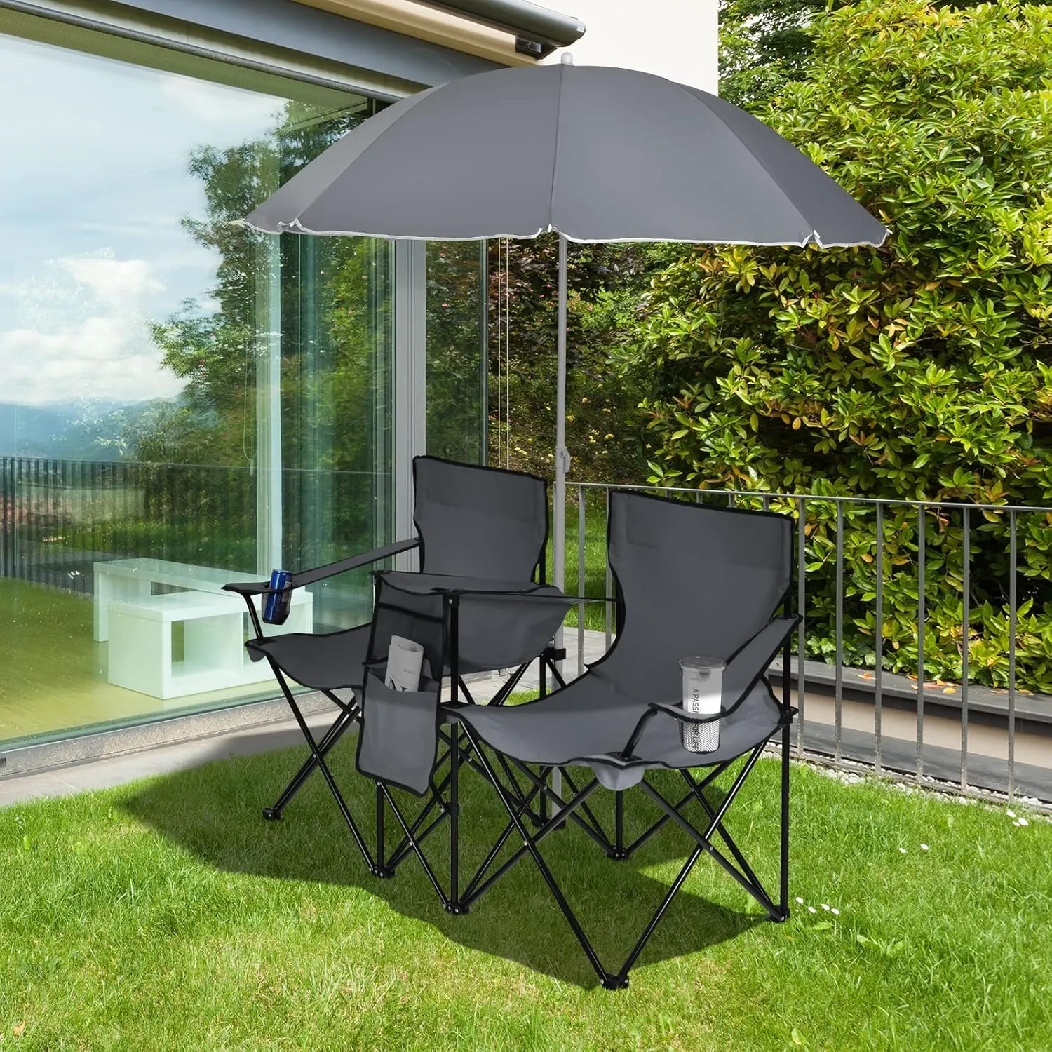 Julimoon Double Folding Camping Chairs w/Removable Umbrella, Portable Picnic Loveseat w/Mini Table, Cup Holder & Carrying Bag, 2-Person Picnic Chairs for Patio, Beach, Picnic, Outdoor (Grey)