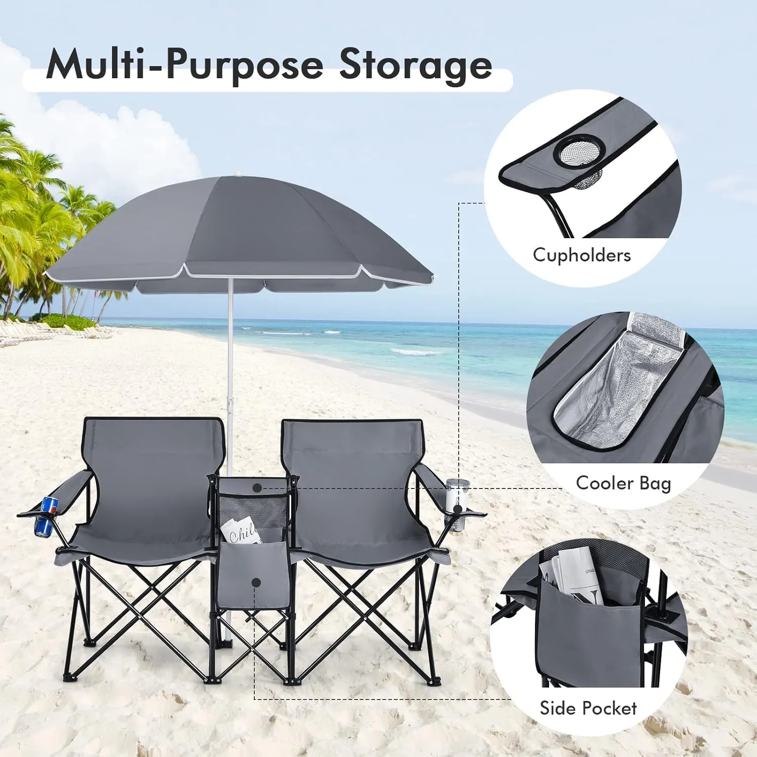 Julimoon Double Folding Camping Chairs w/Removable Umbrella, Portable Picnic Loveseat w/Mini Table, Cup Holder & Carrying Bag, 2-Person Picnic Chairs for Patio, Beach, Picnic, Outdoor (Grey)