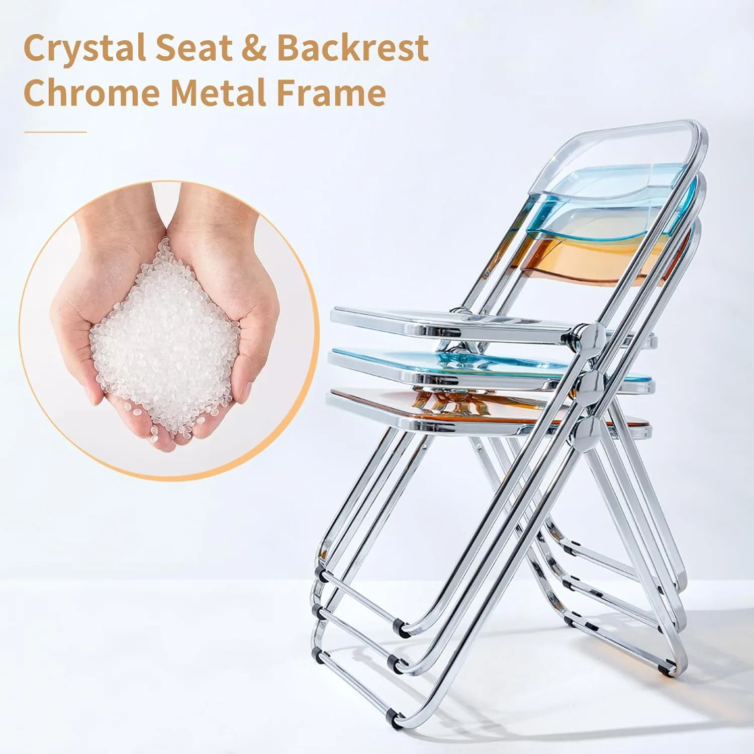 KAIHAOWIN Luxury Modern Acrylic Folding Chair Transparent Chairs-Ghost Stackable Crystal Folding Chair-PC Plastic Living Room Seat-Chrome Frame
