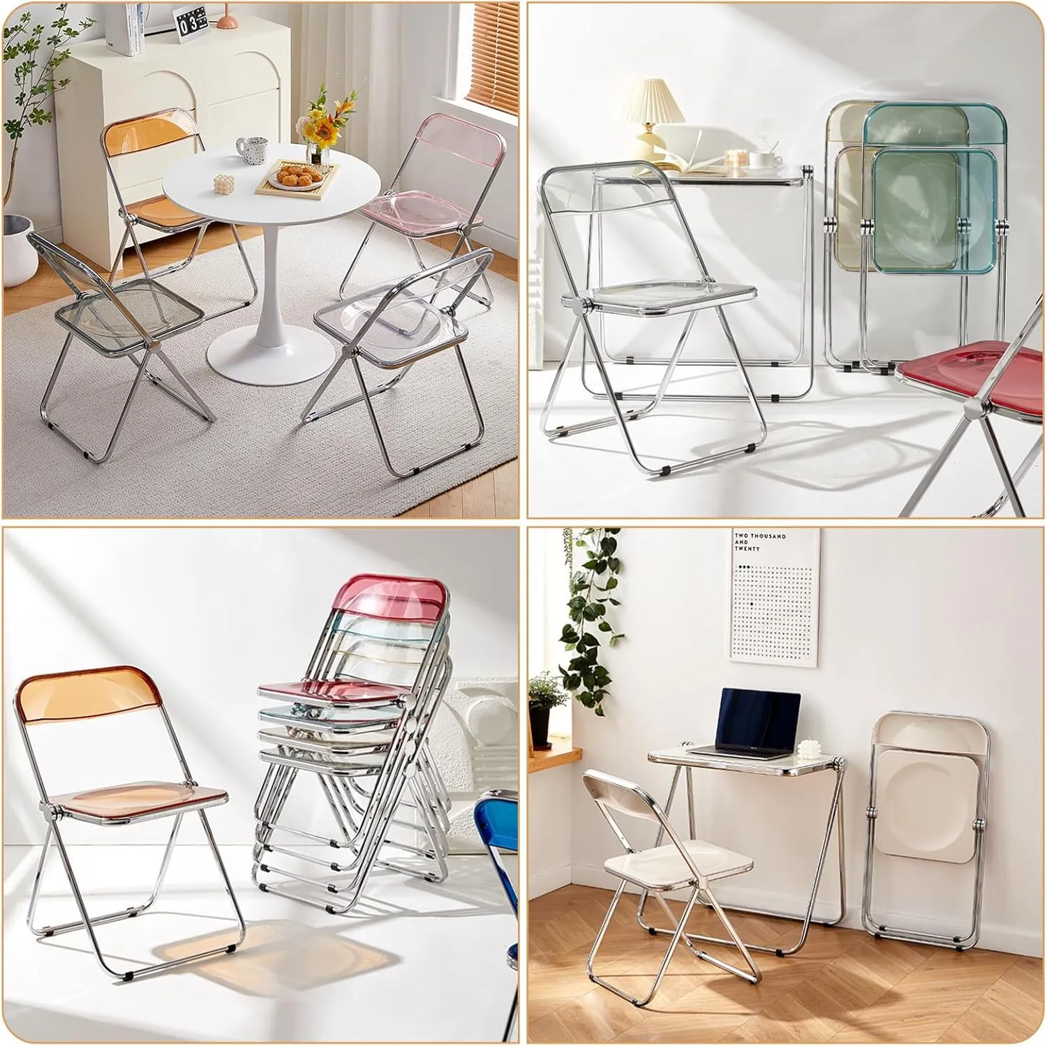 KAIHAOWIN Luxury Modern Acrylic Folding Chair Transparent Chairs-Ghost Stackable Crystal Folding Chair-PC Plastic Living Room Seat-Chrome Frame