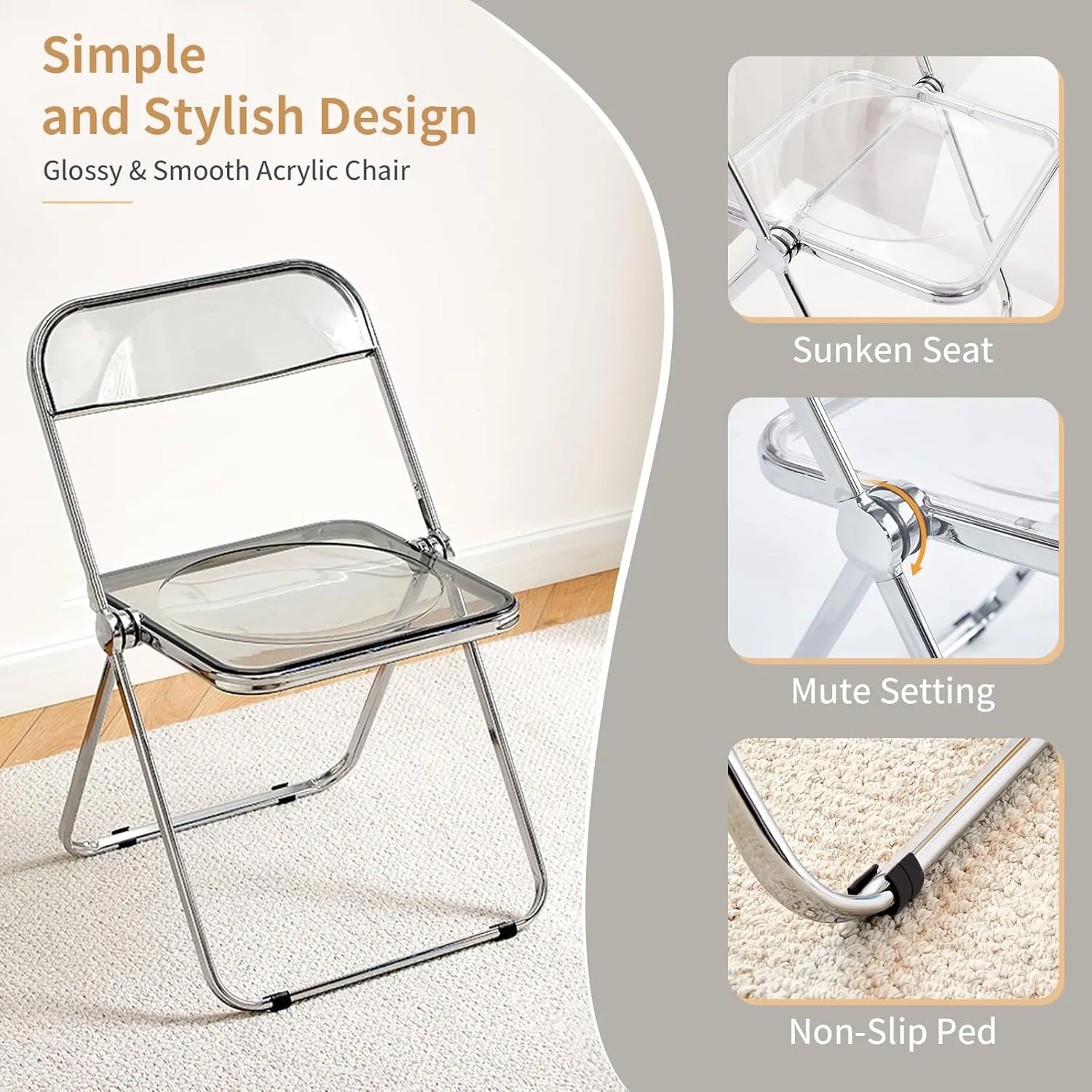 KAIHAOWIN Luxury Modern Acrylic Folding Chair Transparent Chairs-Ghost Stackable Crystal Folding Chair-PC Plastic Living Room Seat-Chrome Frame