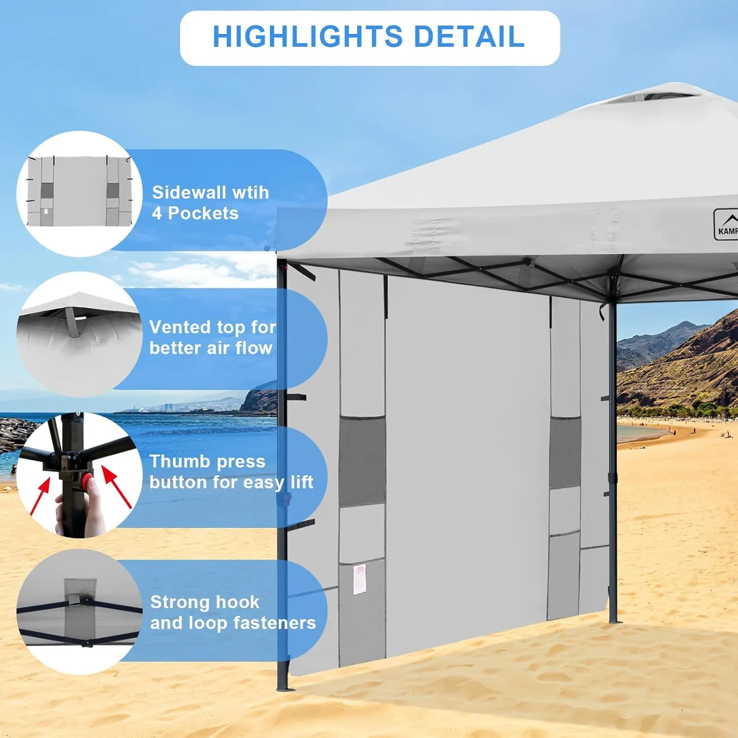KAMPKEEPER 10x10 Pop Up Canopy Tent with Sidewall - Easy Setup Sun Shelter, Outdoor Shade with Vented Roof for Backyard | UV & Rain Portable Instant Camping Beach Canopy Tents (White)