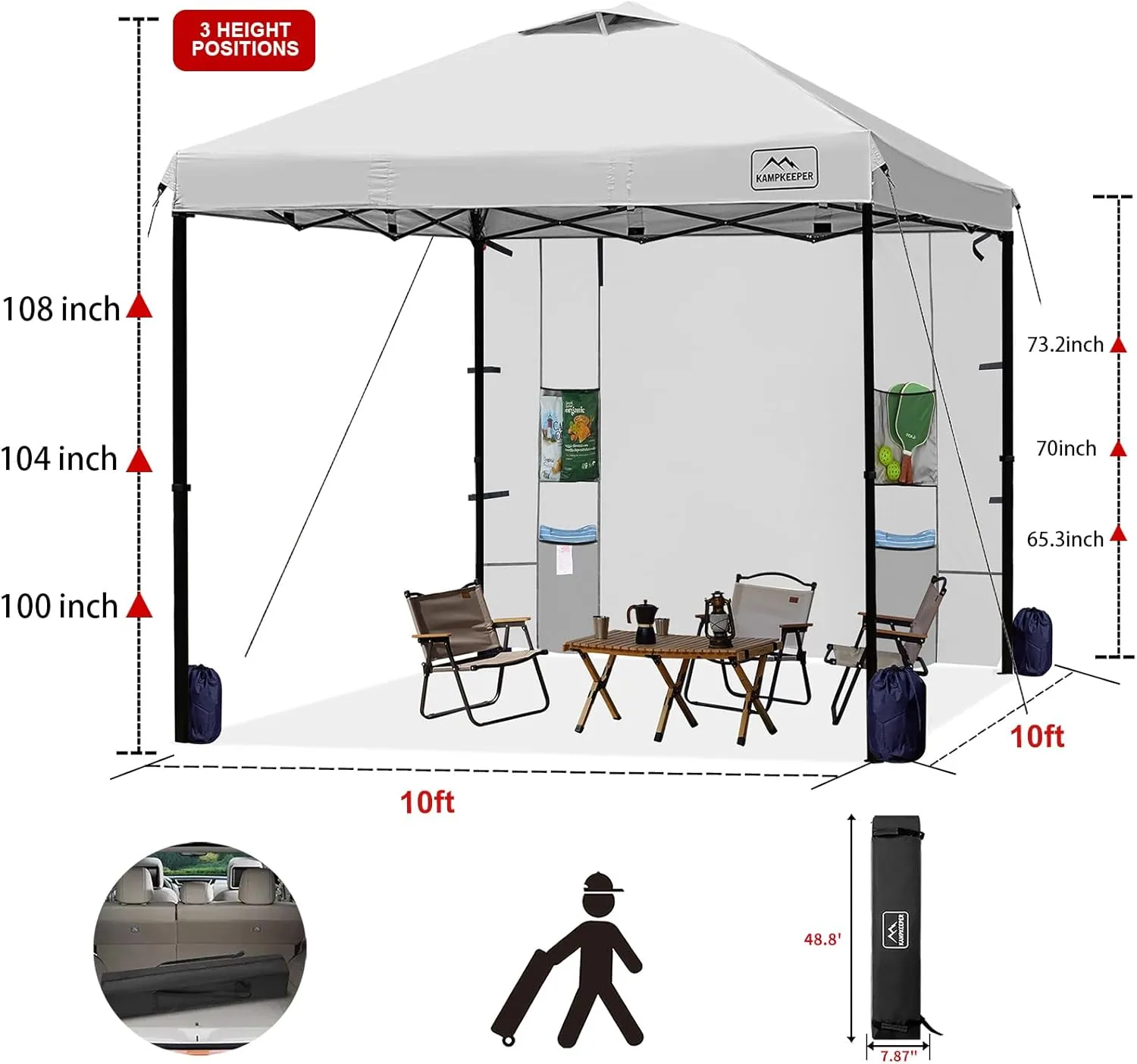 KAMPKEEPER 10x10 Pop Up Canopy Tent with Sidewall - Easy Setup Sun Shelter, Outdoor Shade with Vented Roof for Backyard | UV & Rain Portable Instant Camping Beach Canopy Tents (White)