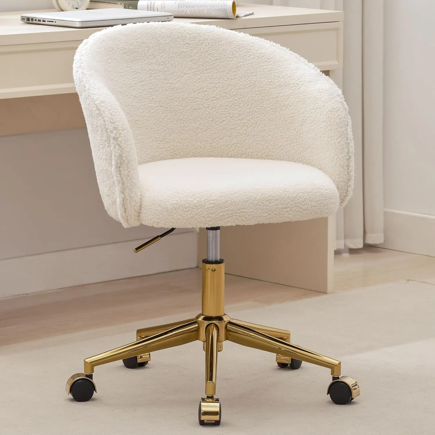 KCC Faux Fur Office Desk Chair, Comfy Fluffy Swivel Modern Leisure Armchair with Wheels, Upholstered Comfy Fuzzy Vanity Makeup Chair Height Adjustable for Teens Women Girls Elegant Home Office