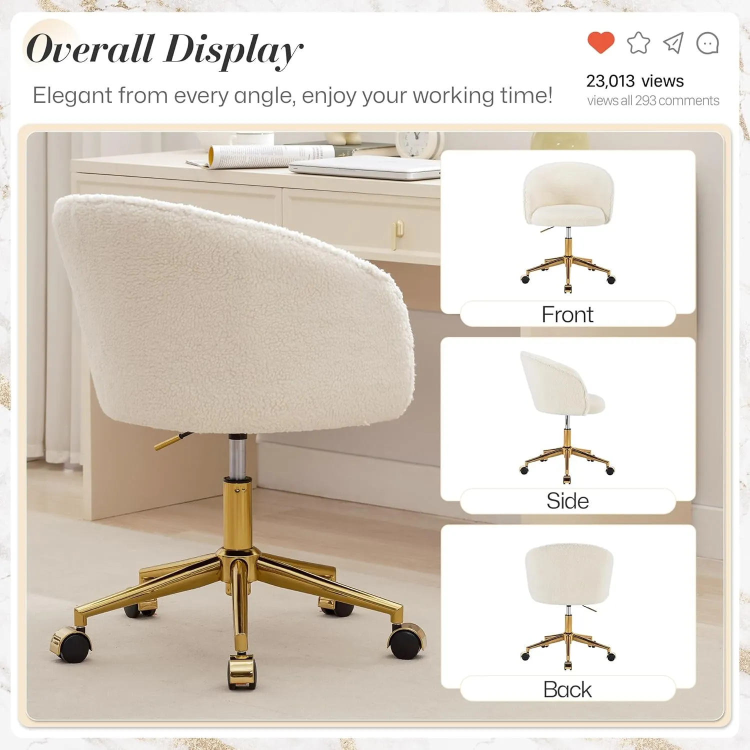 KCC Faux Fur Office Desk Chair, Comfy Fluffy Swivel Modern Leisure Armchair with Wheels, Upholstered Comfy Fuzzy Vanity Makeup Chair Height Adjustable for Teens Women Girls Elegant Home Office